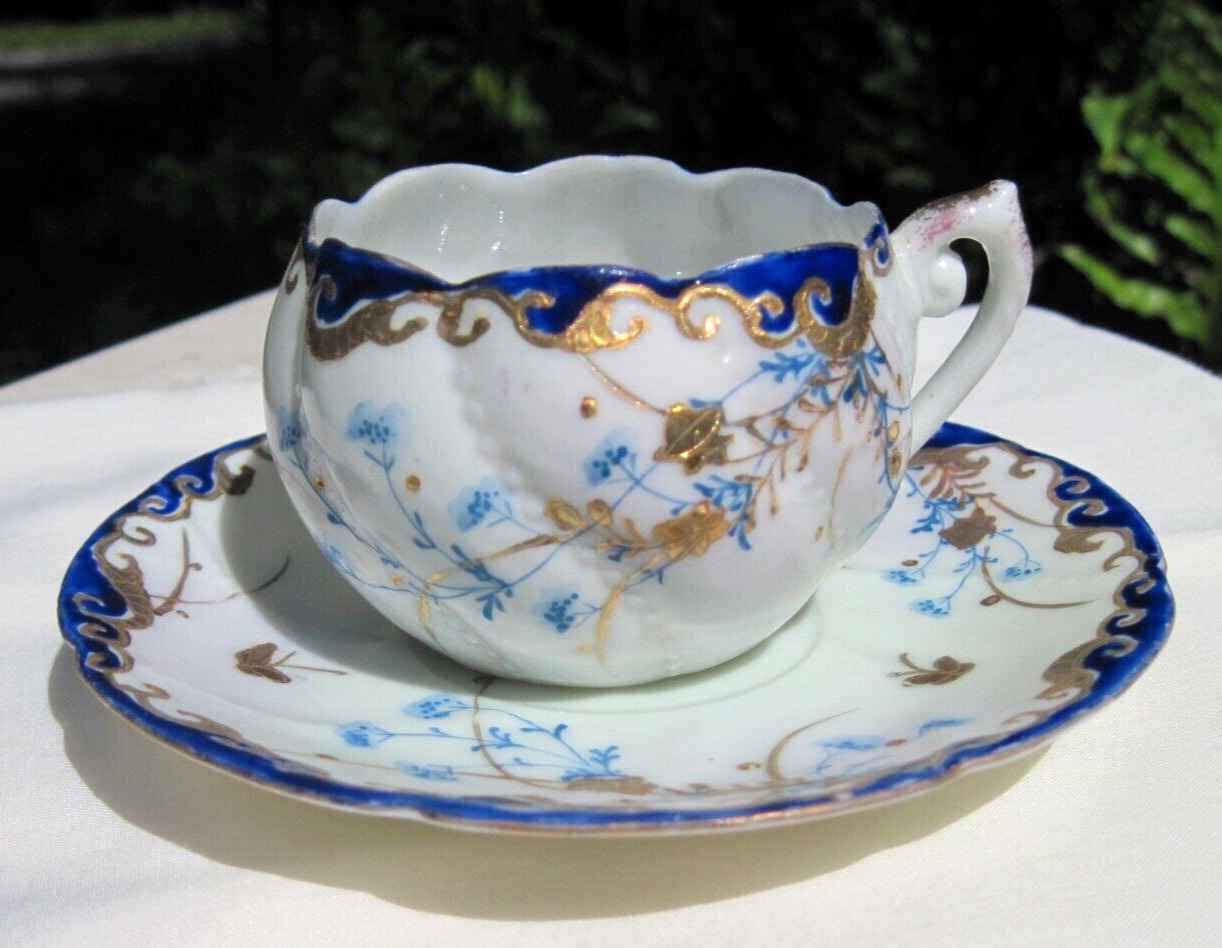 Antique Blue Gold Gilt Butterfly Porcelain Demitasse Cup Saucer