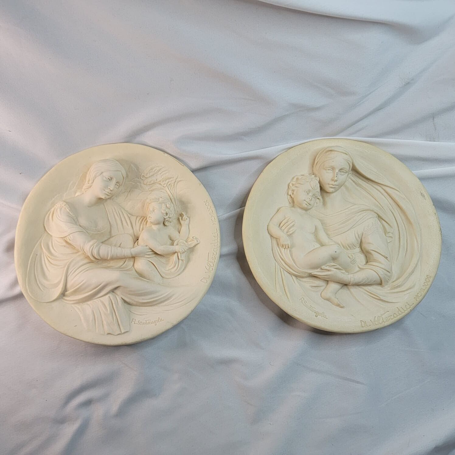 Vintage Set Of 2 Madonna 3D Wall Plaque Plates Made in Italy 8.5\