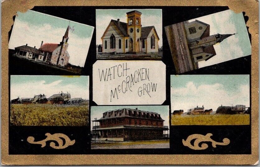 1910s McCRACKEN, Kansas Multi-View Postcard Churches, Hotel & Faming Scenes