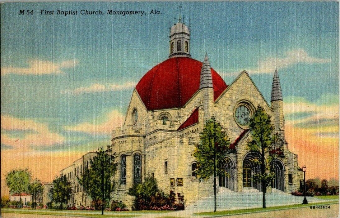 1940'S LINEN. FIRST BAPTIST CHURCH. MONTGOMERY, ALABAMA. POSTCARD SC7