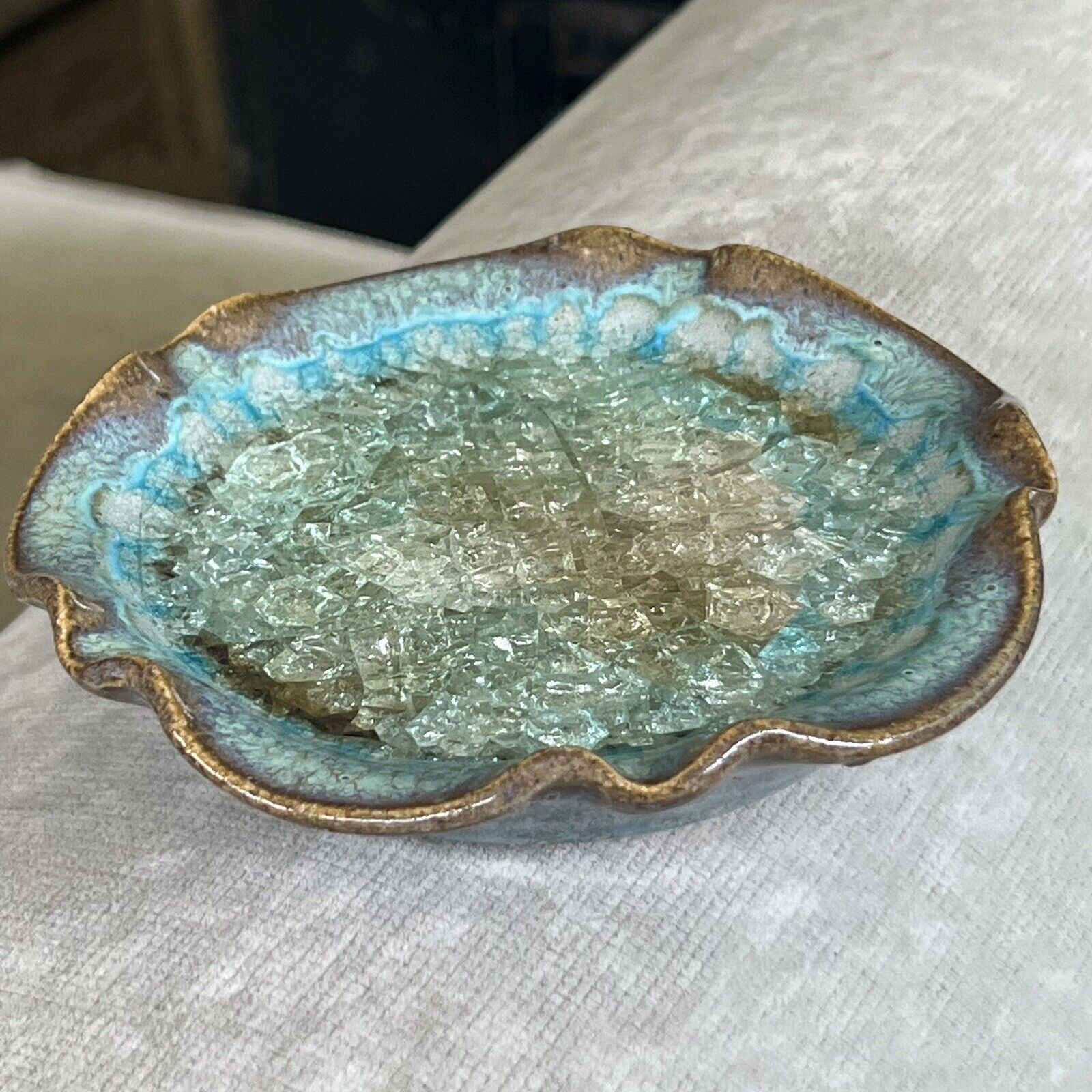 Gorgeous Ceramic Sea Moss Blue Green Glaze Pottery Glass Crackle Trinket Dish