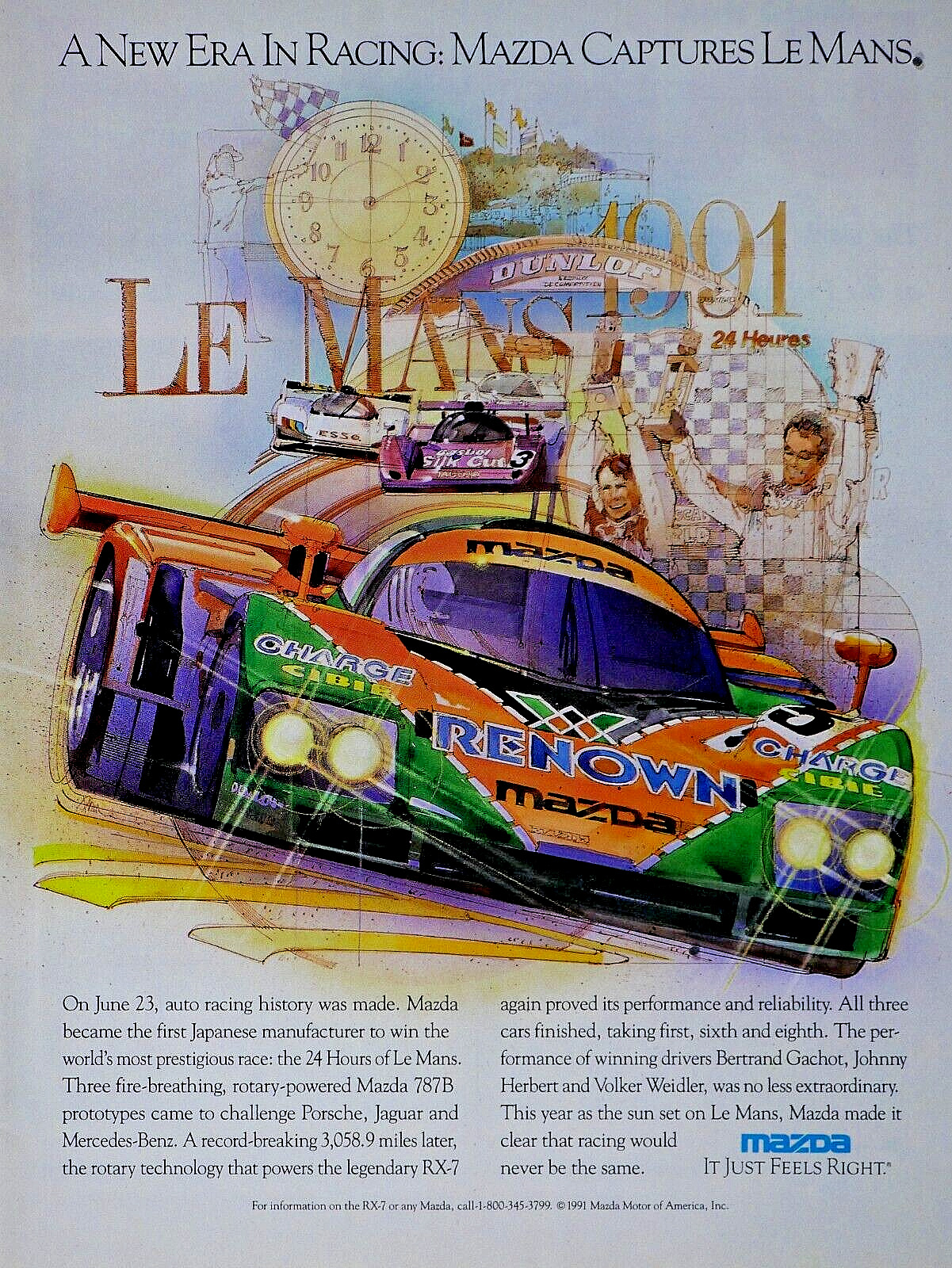 Mazda 787B Wins Le Mans 91 VTG B Gachot  J Herbert V Weildler Original Print Ad