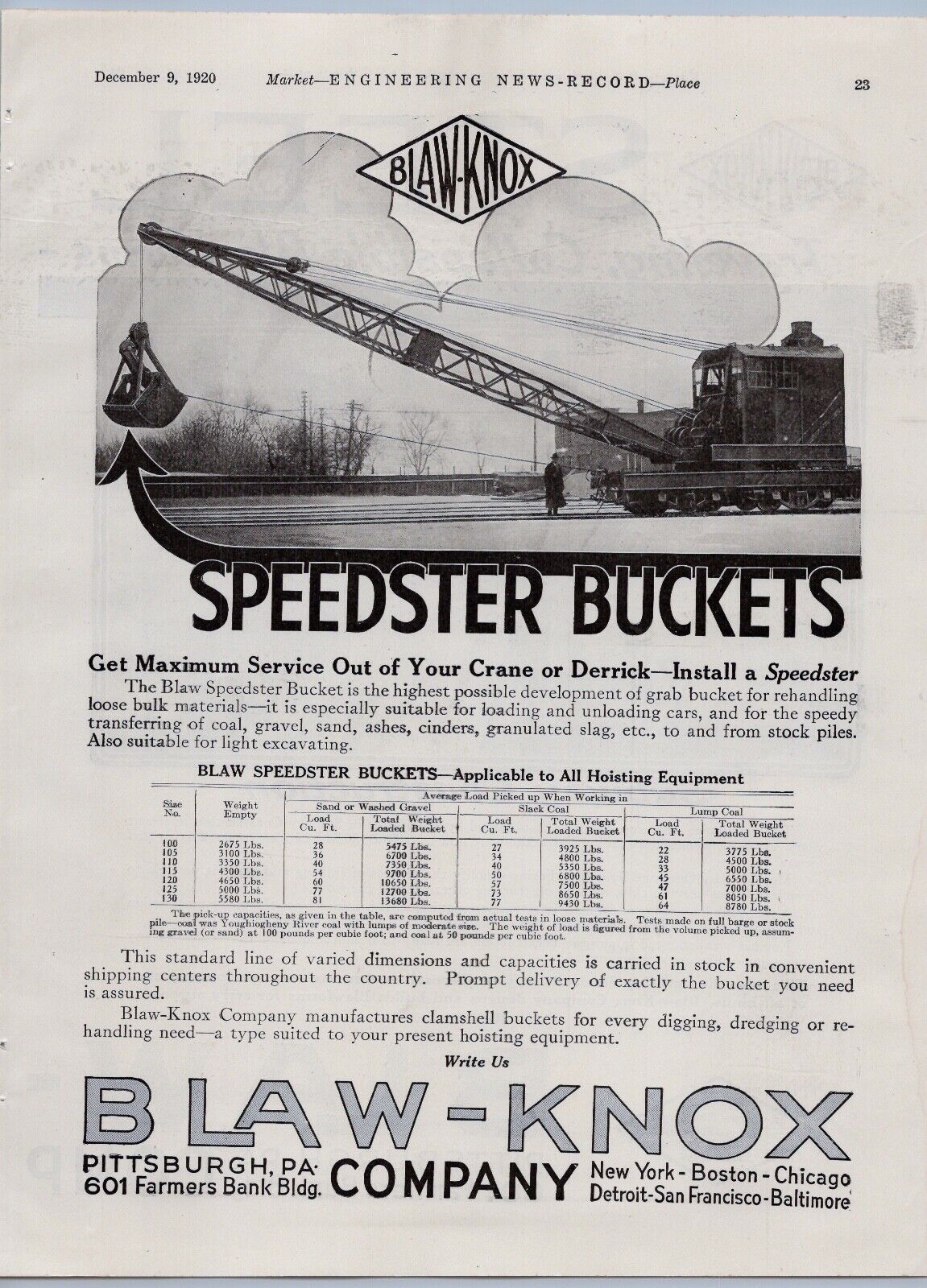 1920 Blaw-Knox Railroad Crane Ad Speedster Bucket Derrick Maintenance of Way