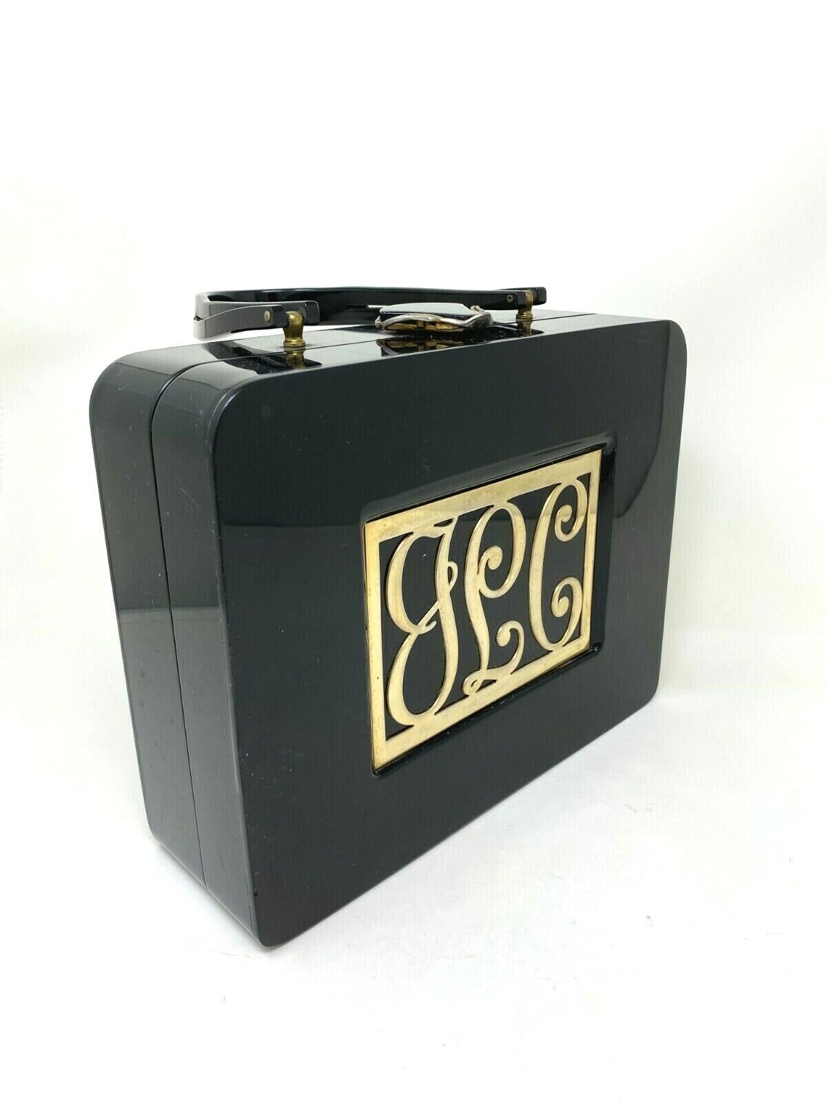 RARE Vintage 1950s Lucite Box Purse Gold Initialed Black - GOOD