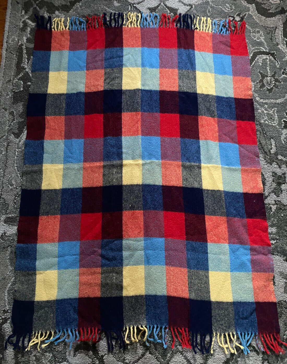 Vintage Macys Wool Plaid Blanket NY Fringe Made In England 40X54” Throw Red Navy