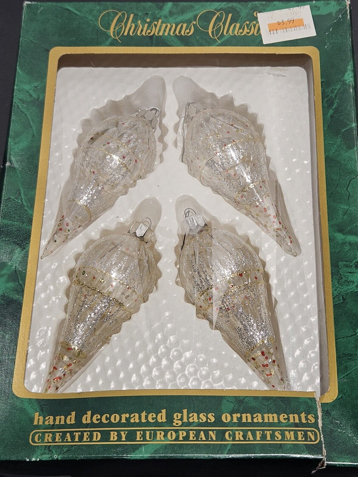 4 Vintage Tear Drop Hand Decorated Ornaments Glass Christmas Classics 