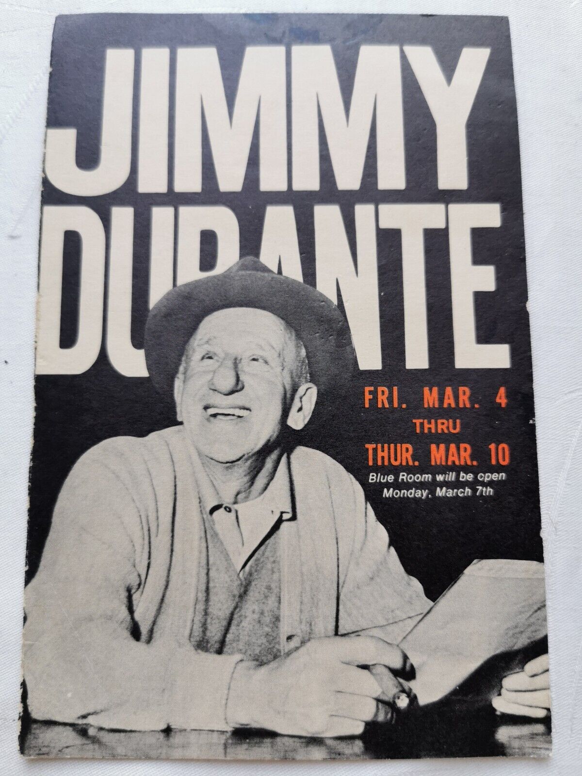 Vintage Jimmy Durante At The Shoreham Blue Room Handout Advertising Promo Card