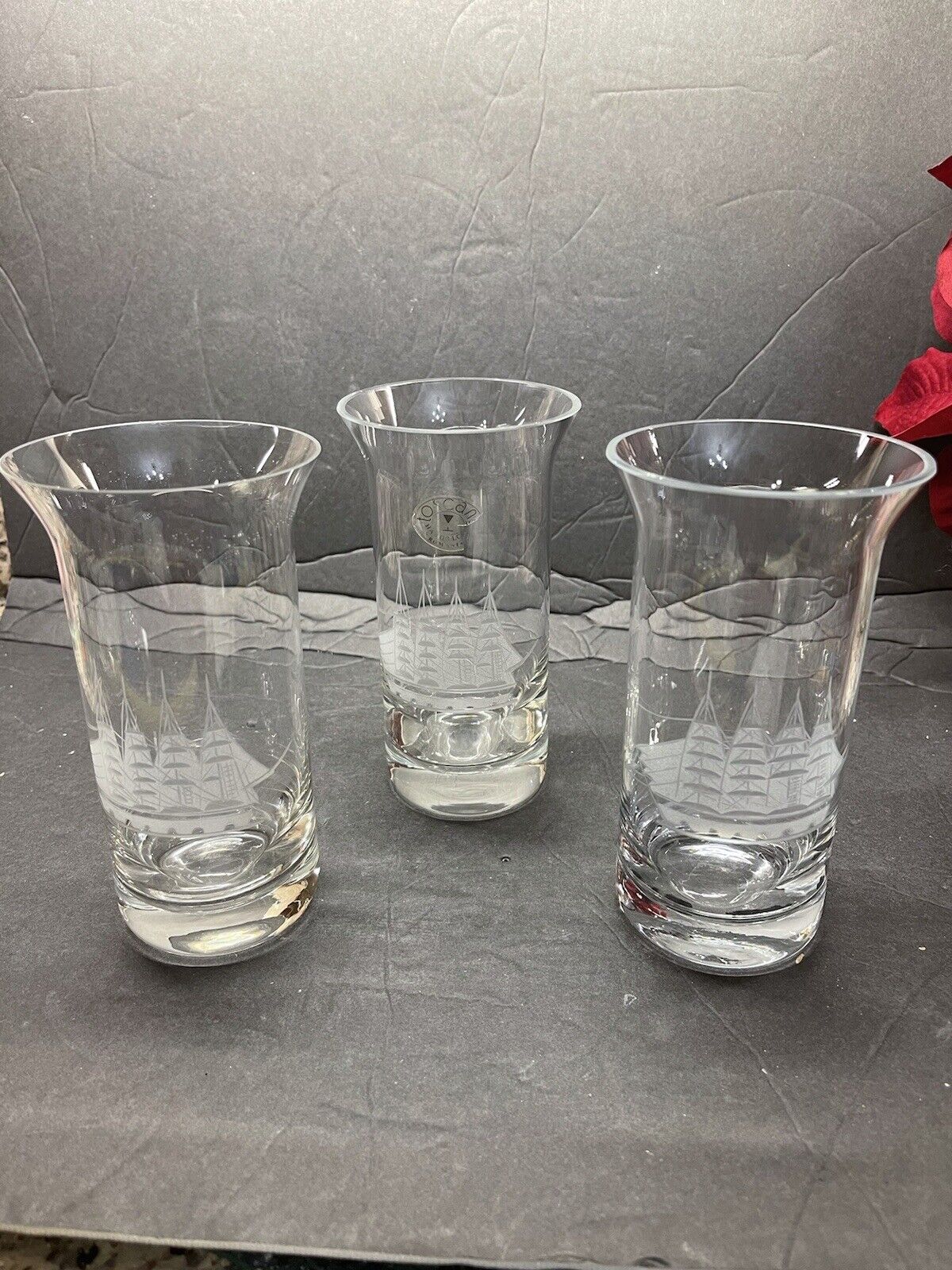 VTg TOSCANY Crystal ETCHED  SHIP SET- 3 HIGHBALL GLASSES Romania- Exc