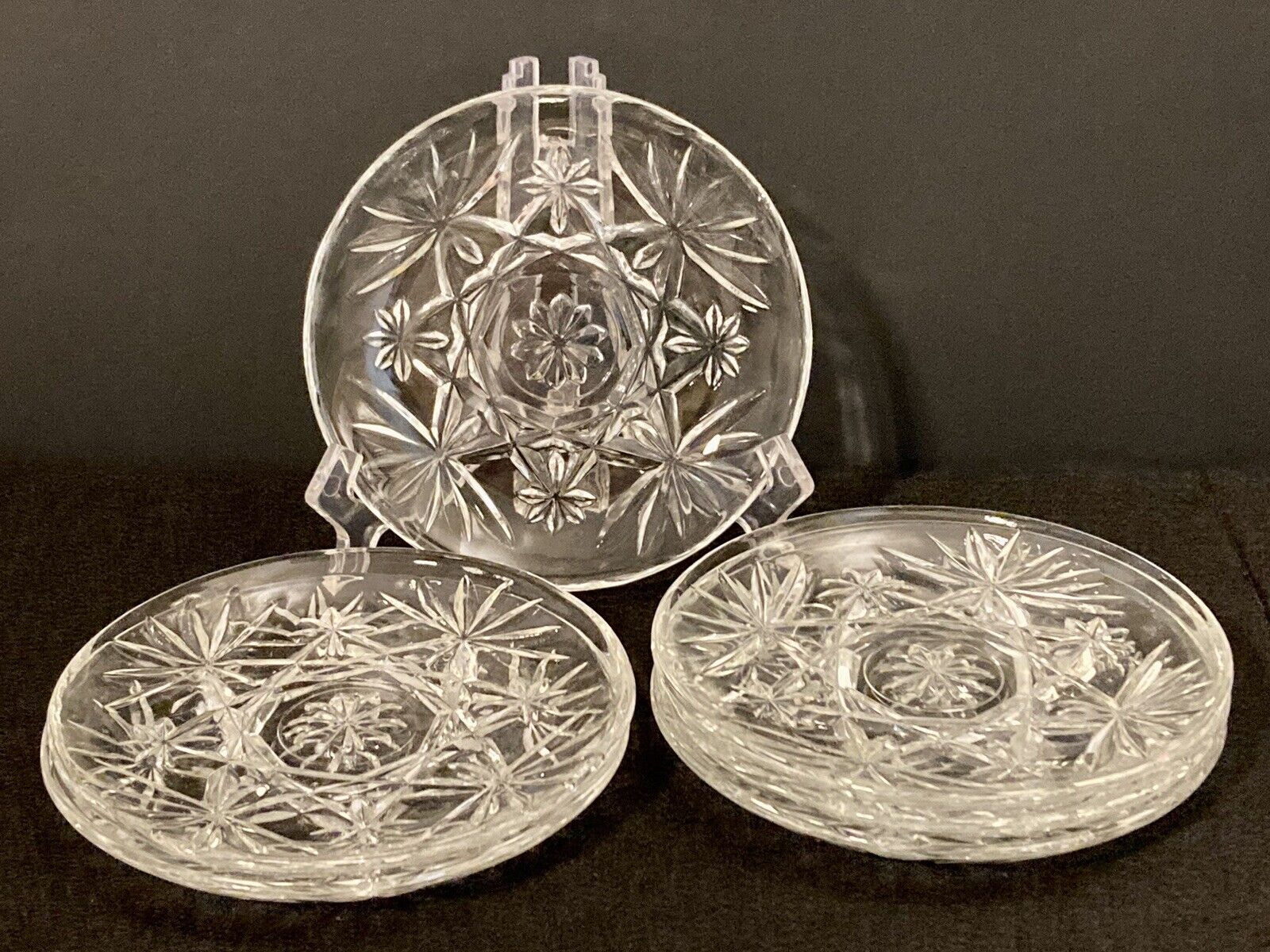 Vintage Clear Crystal Coasters Set of 6 Interlocking Star Pattern 
