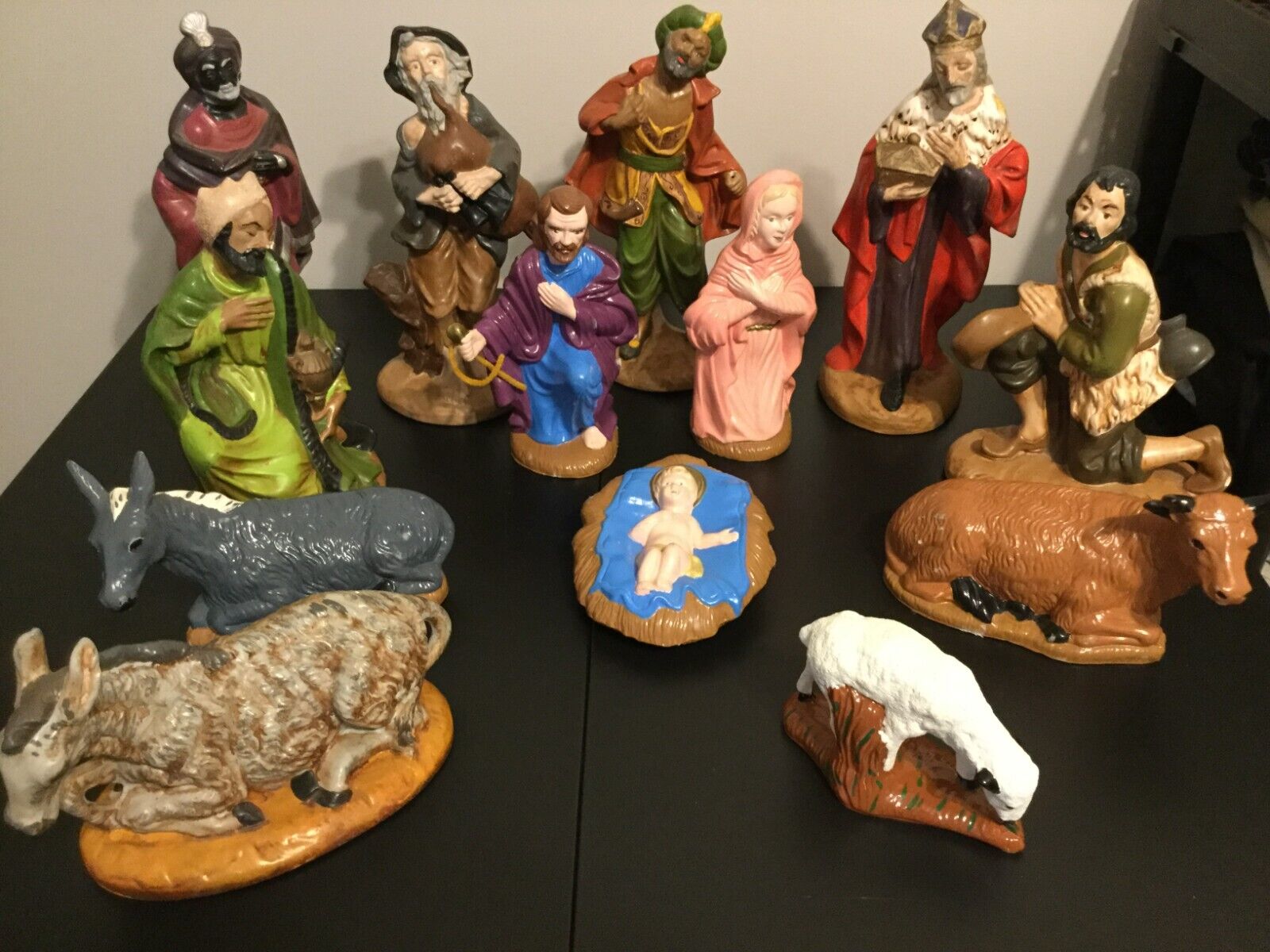 70’s Detailed Hand Painted 1 of a kind 13 pc. Ceramic Christmas Lg Nativity Set