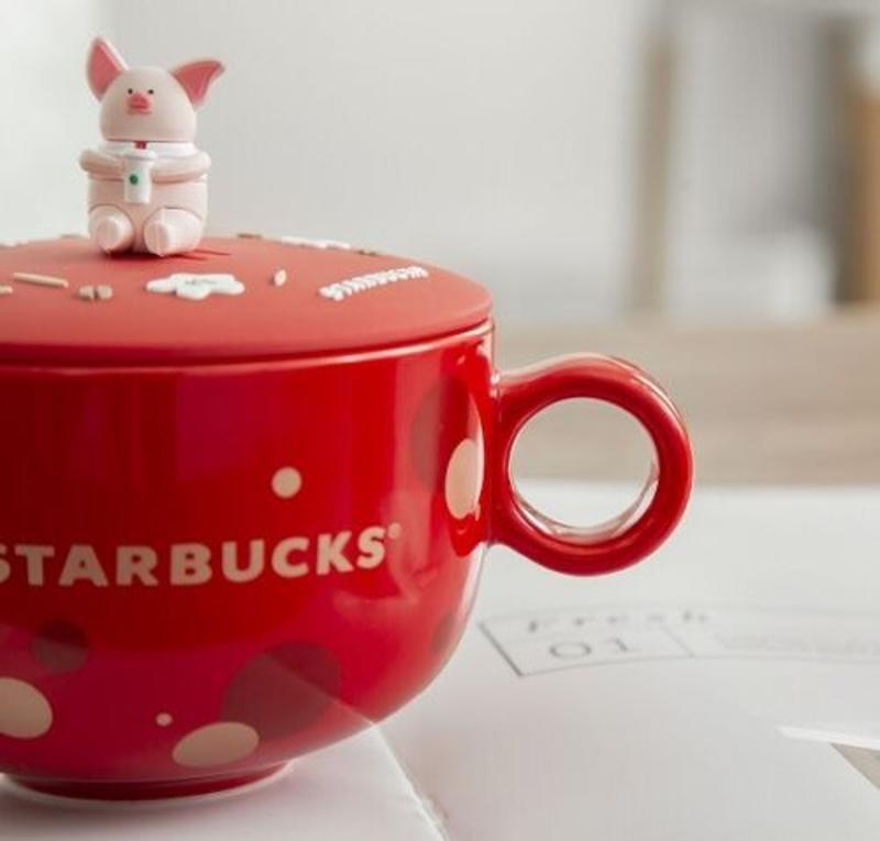 2024 Starbucks Trendy Red Cute Piggy Cherry Blossom Coffee Mug with Lid Gift