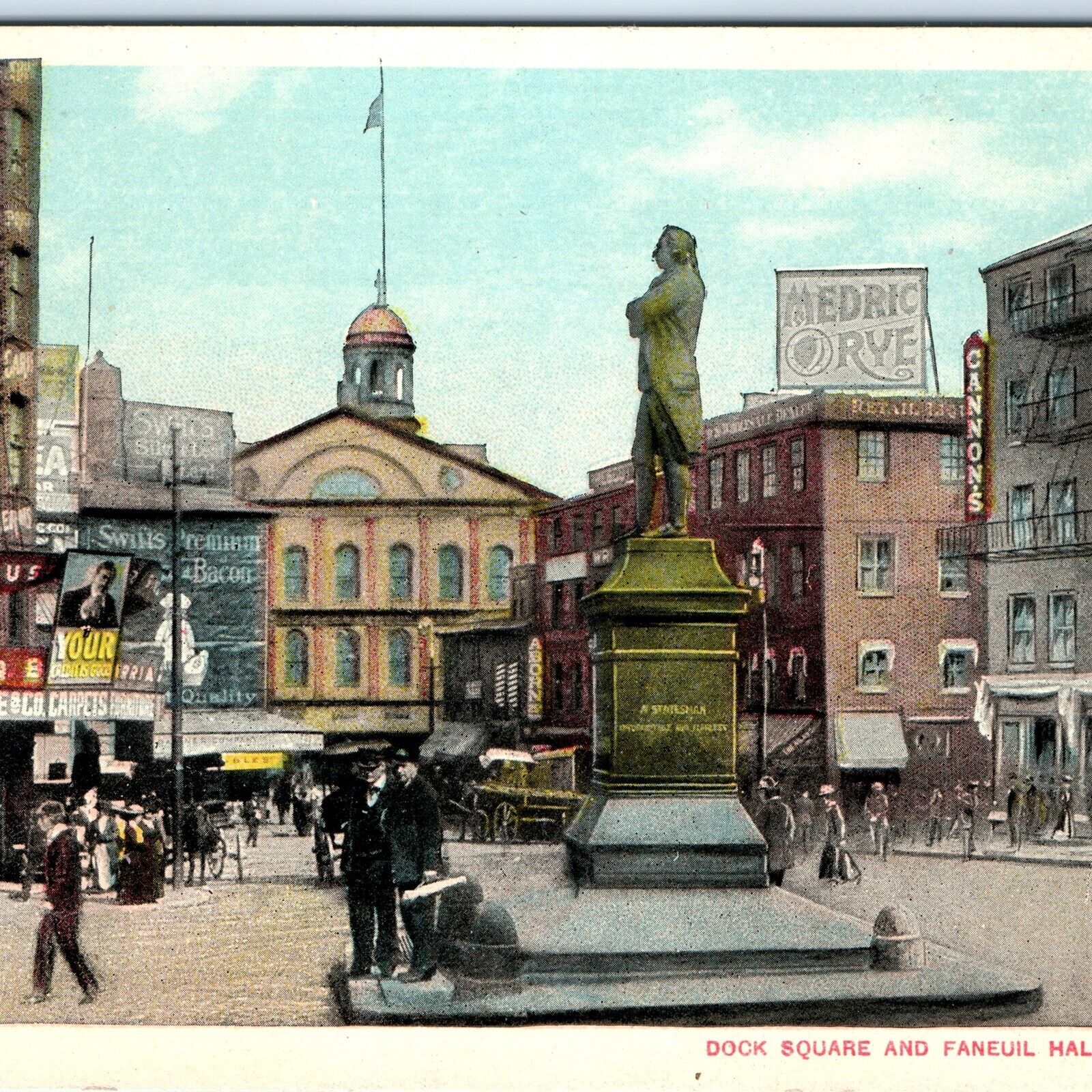 c1910s Boston, MA Dock Square Faneuil Hall Downtown Store Signs Postcard A145