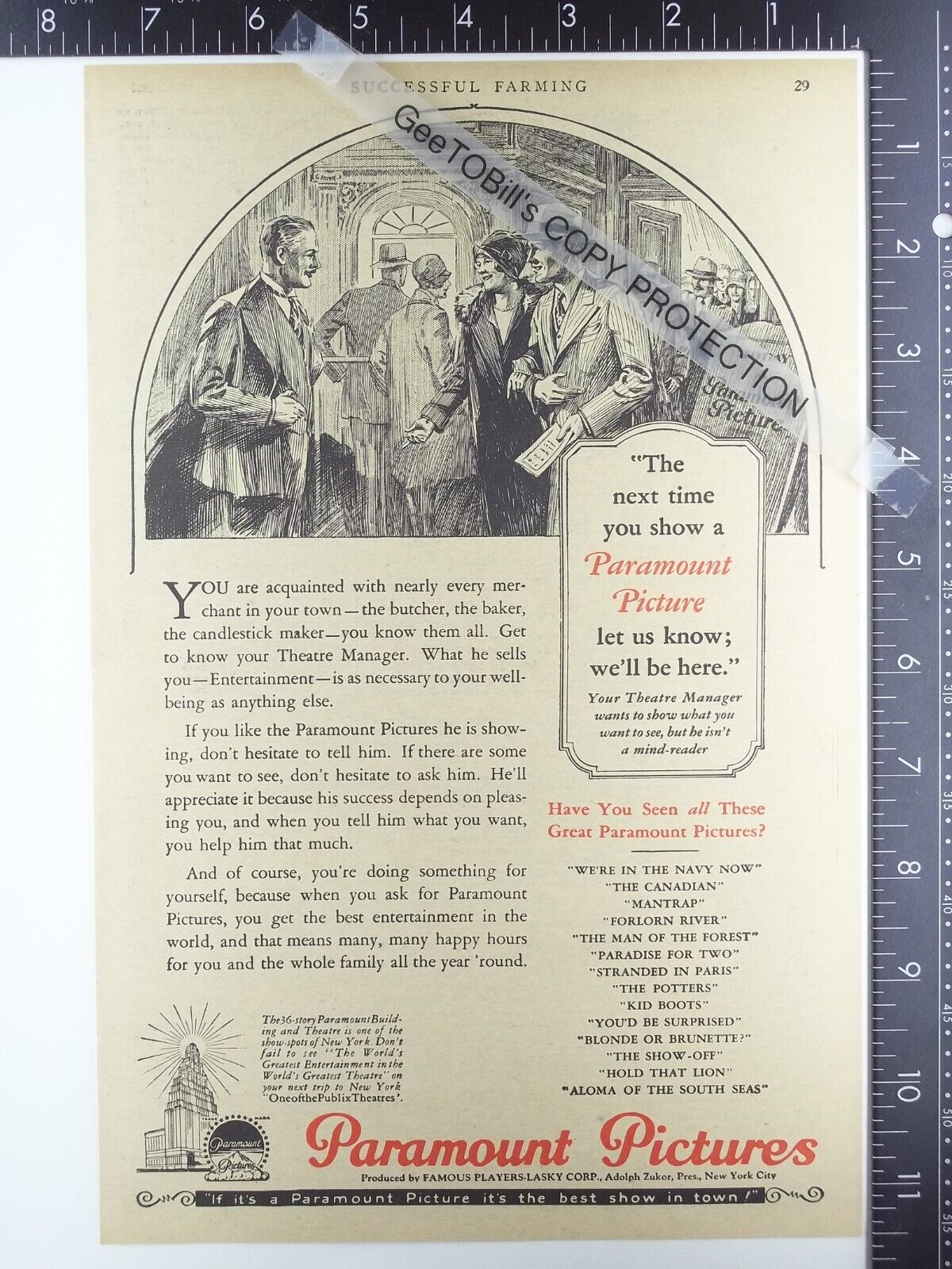 1927 ADs for Paramount Picture theater studio & Alemite farm tractor lubrication