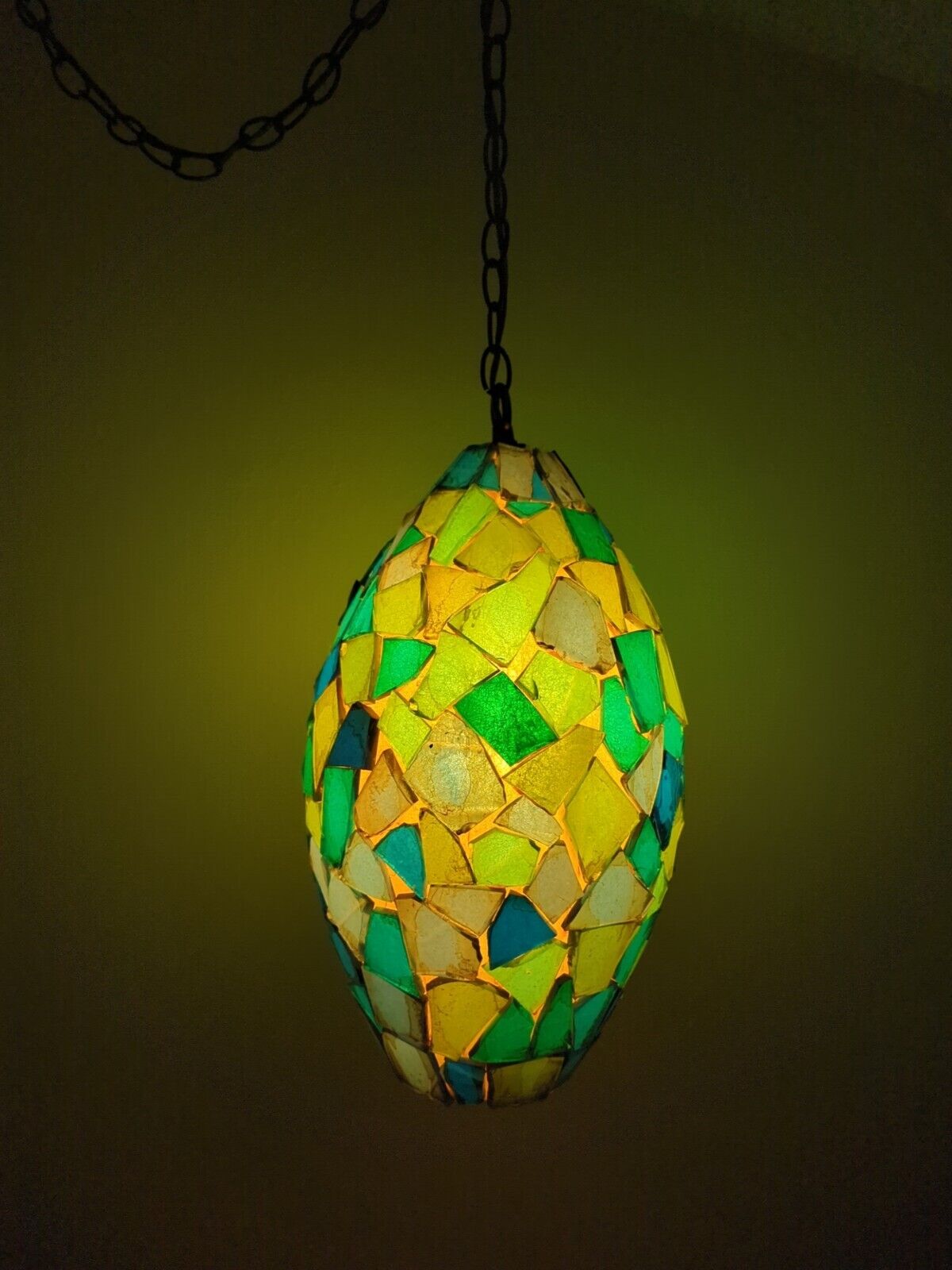 Vtg 60\'s MCM Chunky Lucite Green Blue Rock Candy Swag Hanging Oval Lamp Light