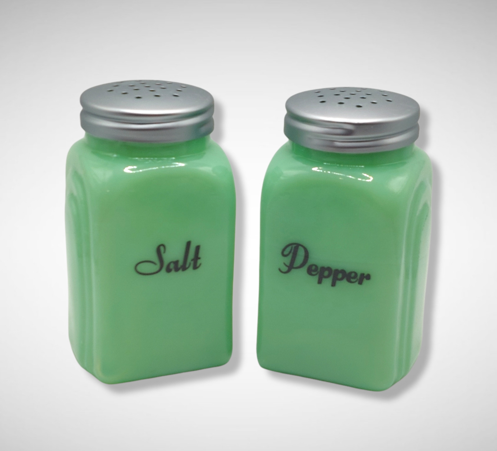 JADEITE GREEN DEPRESSION STYLE GLASS SALT & PEPPER SHAKERS, Vintage, Kitchen Jar