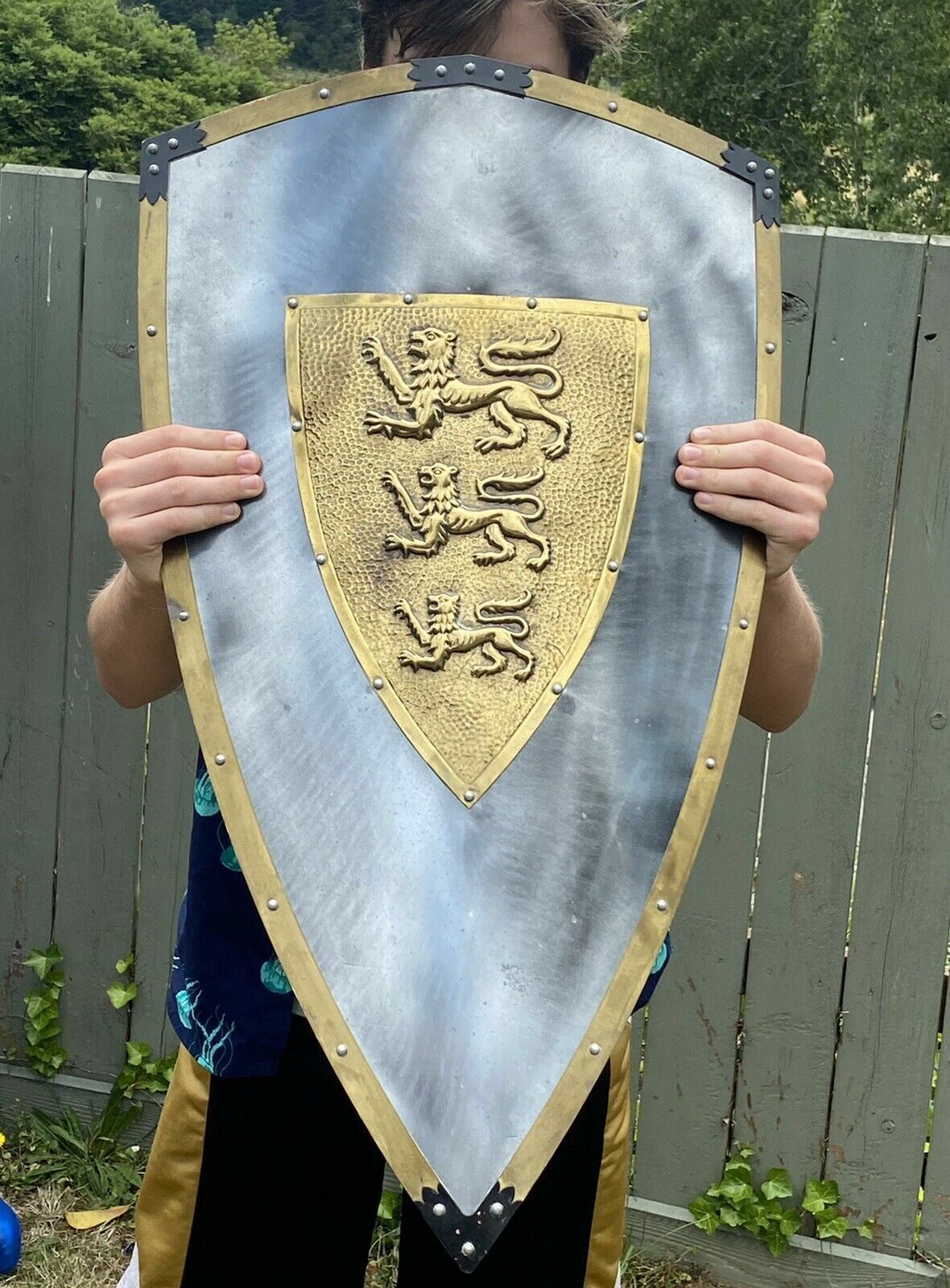 Brass Trimmed Silver Metal Shield Coat of Arms King Richard Knight Cosplay 