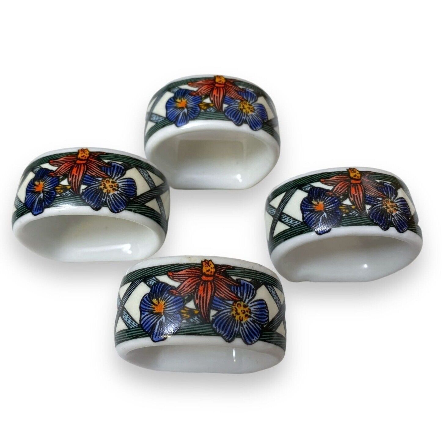 DANSK Napkin Rings Set of 4 Ceramic Nordic Garden Floral Flowers with Trellis