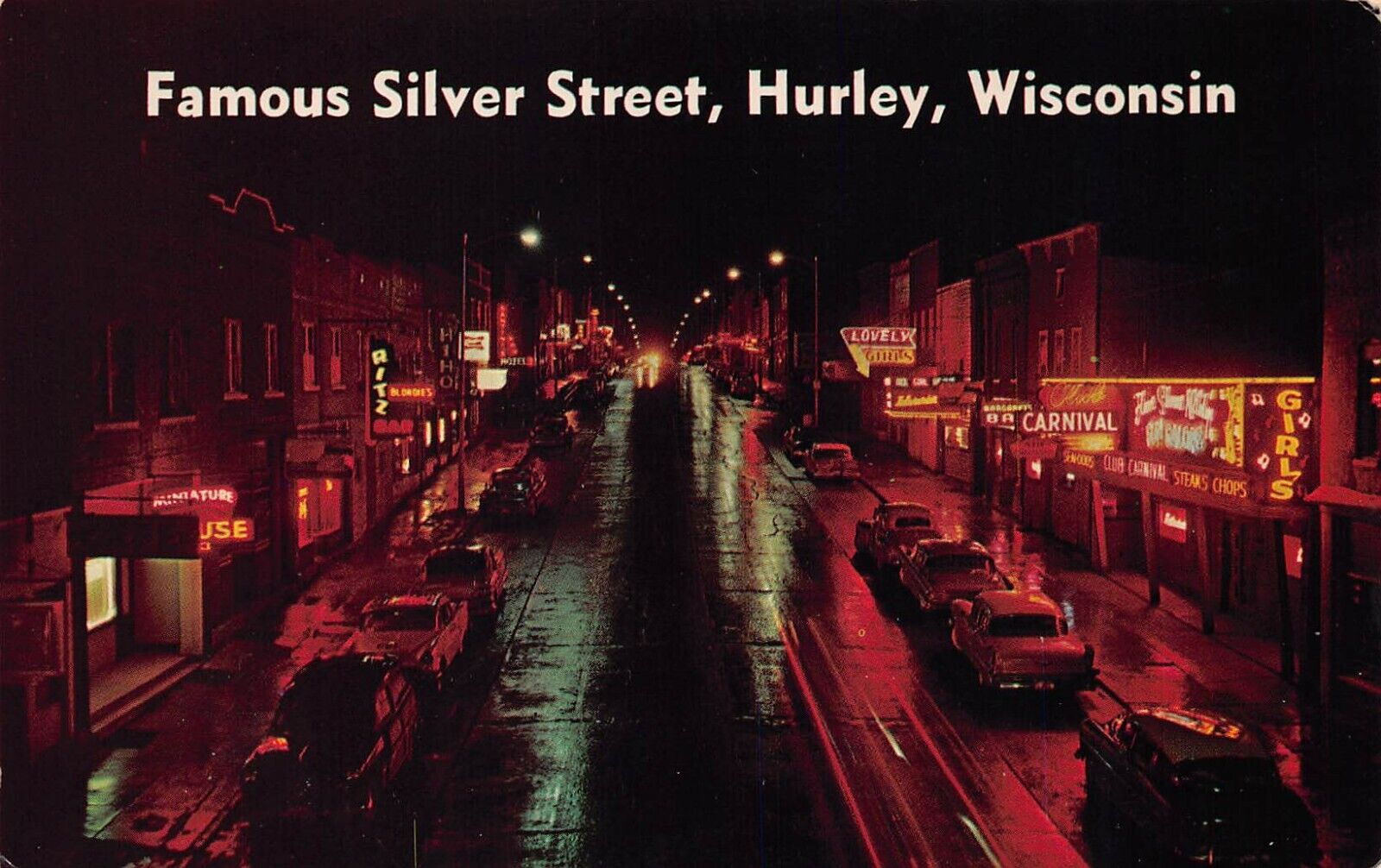 Hurley WI Wisconsin Silver Main Street Night Girls Ritz Hotel Vtg Postcard A3
