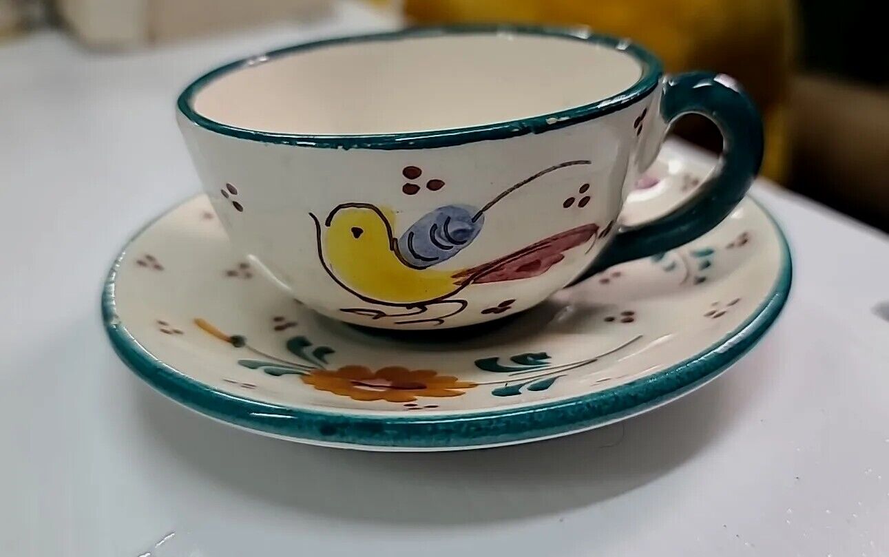 Sberna Deruta Pottery Faience Demitasse Cup Saucer Italy Hand Painted Song Bird 
