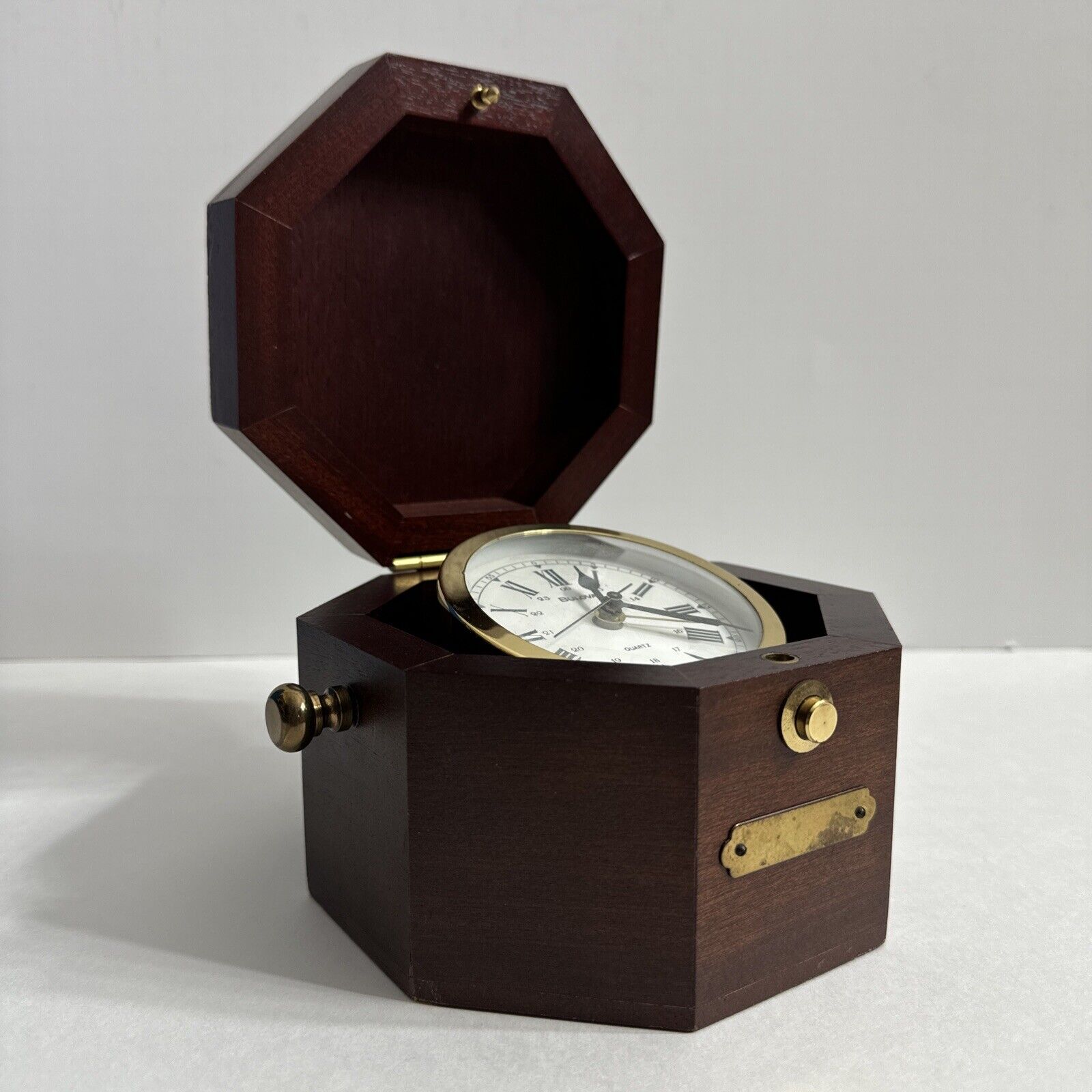 Bulova Quartermaster Wood Case & Brass Gimbal Nautical Maritime Alarm Clock