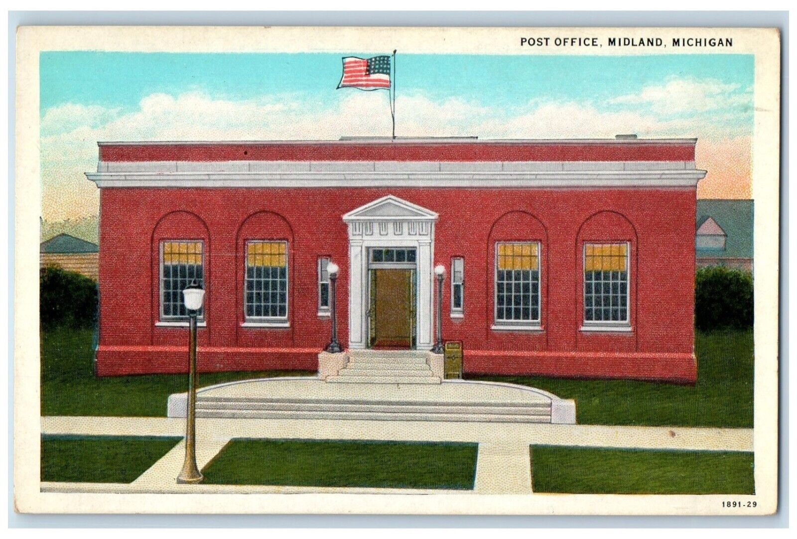 c1930's Post Office Building Flag Midland Michigan MI Unposted Vintage Postcard