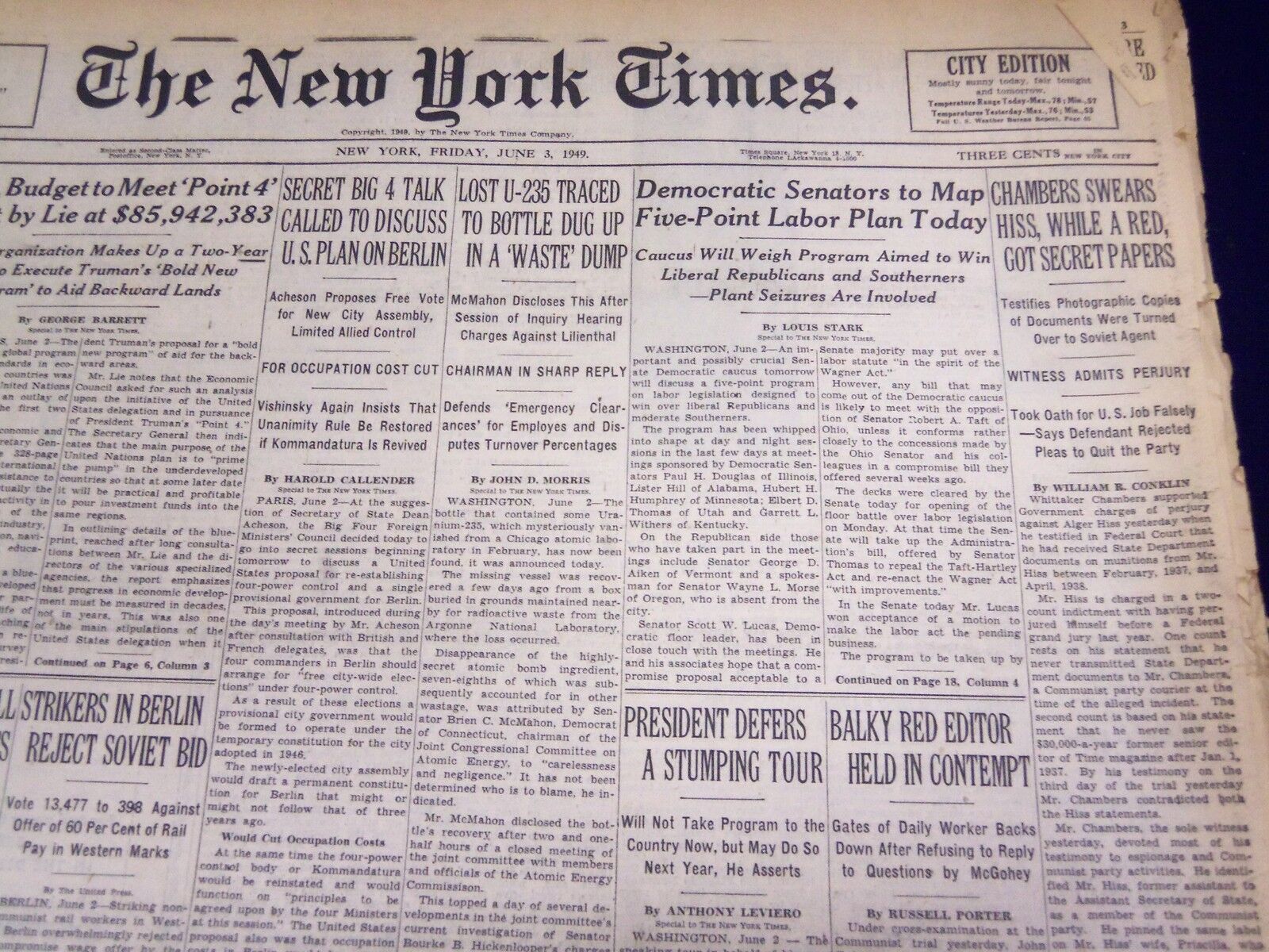 1949 JUNE 3 NEW YORK TIMES - CHAMBERS SWEARS HISS, GOT SECRET PAPERS - NT 1507