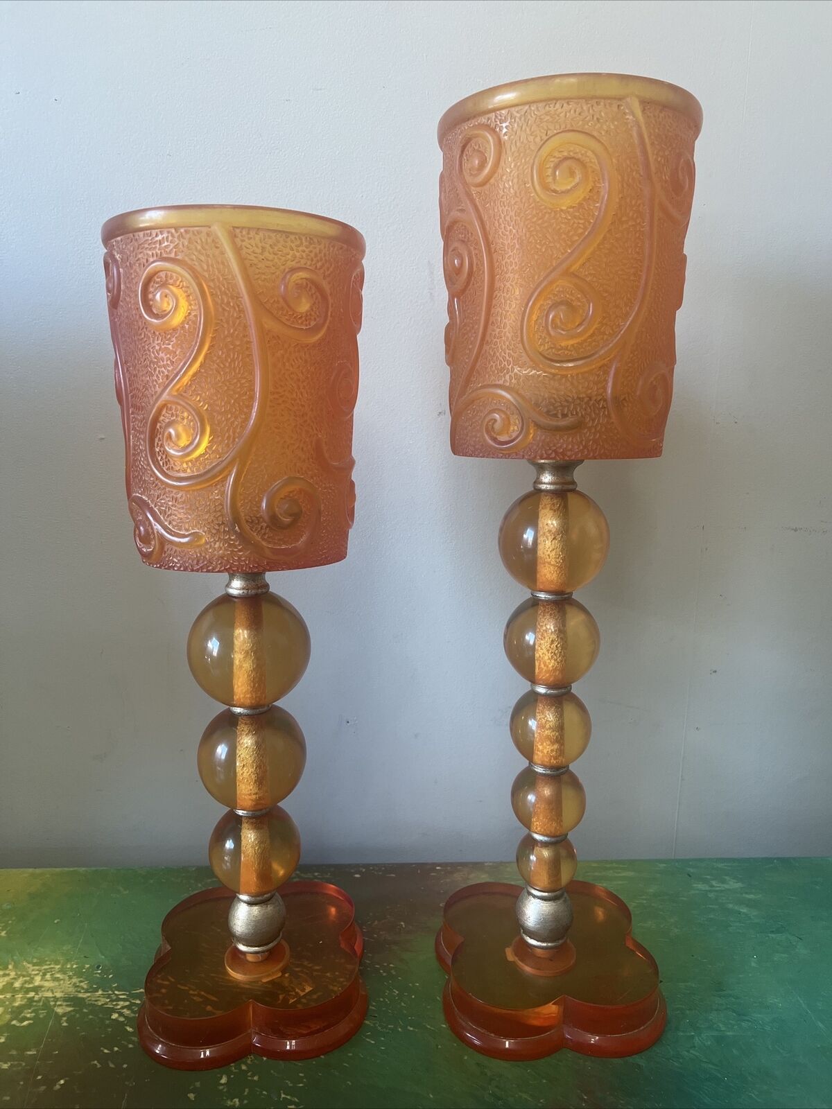 Vintage Orange Groovy Pillar Candleholders Mod Swirl Acrylic Resin Set Of 2 Rare