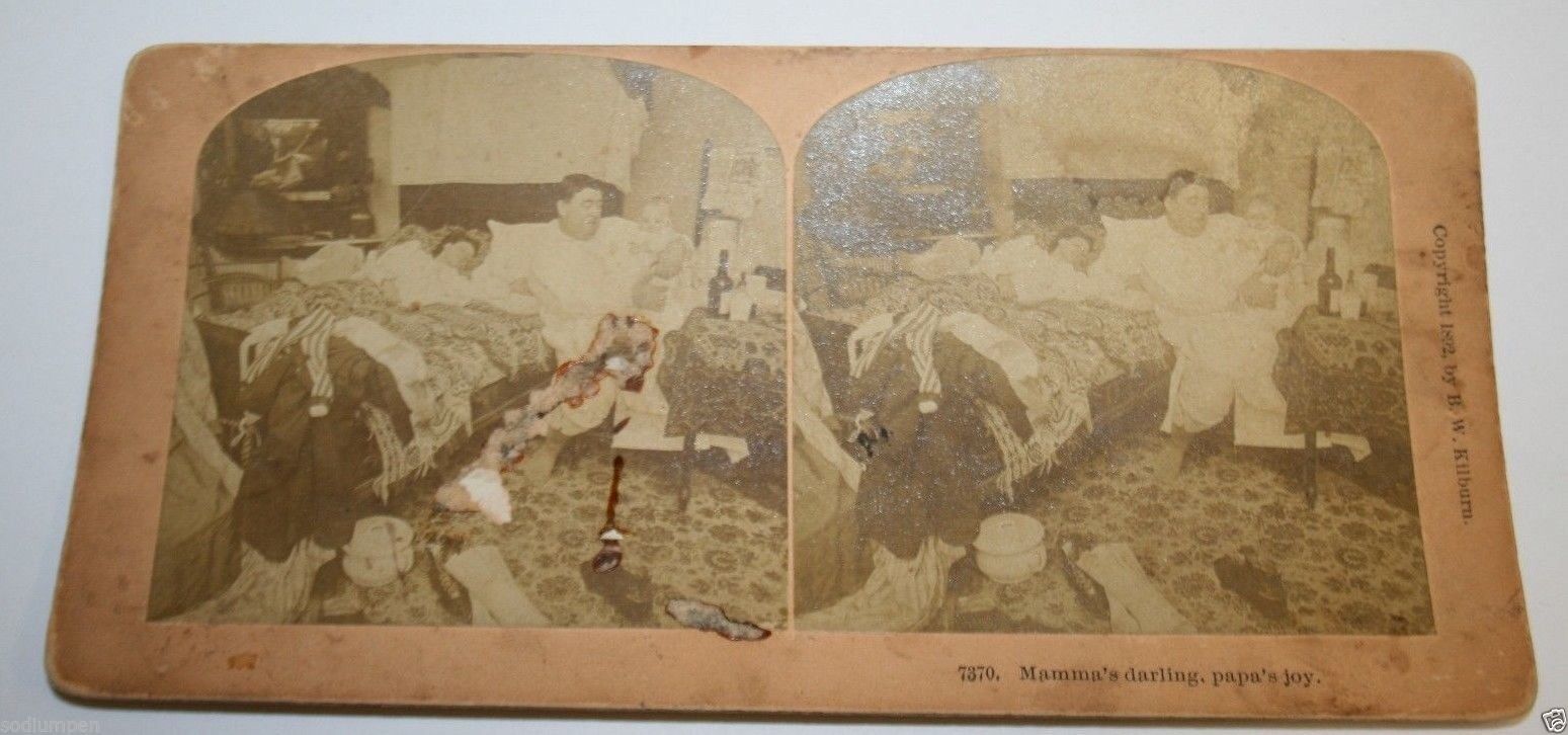 Original 1900's Antique Dad Taking Care Of Babby While Mom Sleeps Stereoview