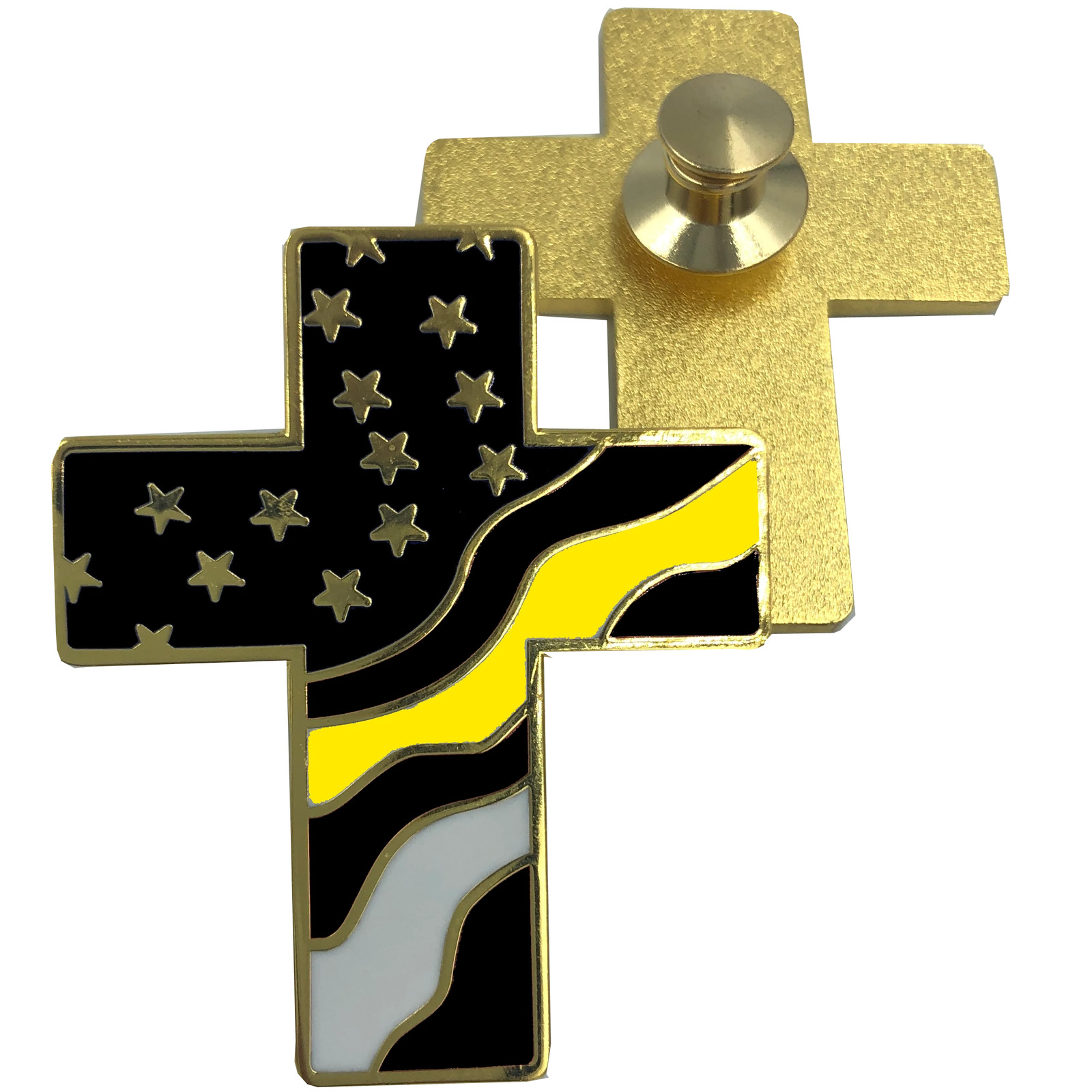 Thin Gold Line American Flag Cross USA Lapel pin Cloisonné 911 Dispatcher Emerge