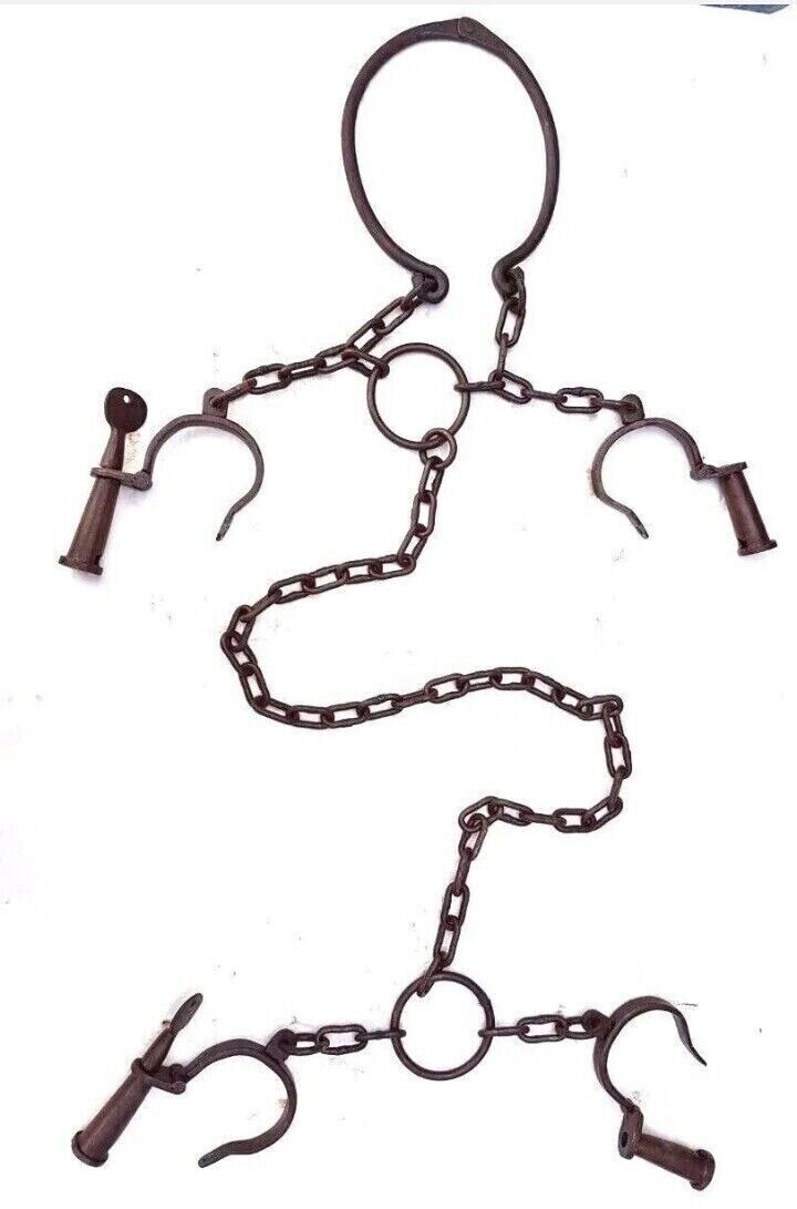 Iron Antique Handcrafted Rare Neck Leg & Handcuffs Lock With Keys
