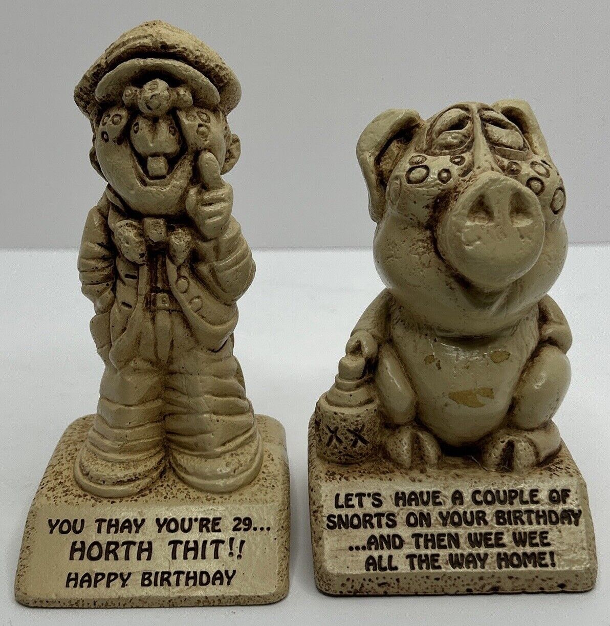 Vintage Lot of 2 Paula Resin Figurines Birthday Statues Pig Horth Thit  1970s