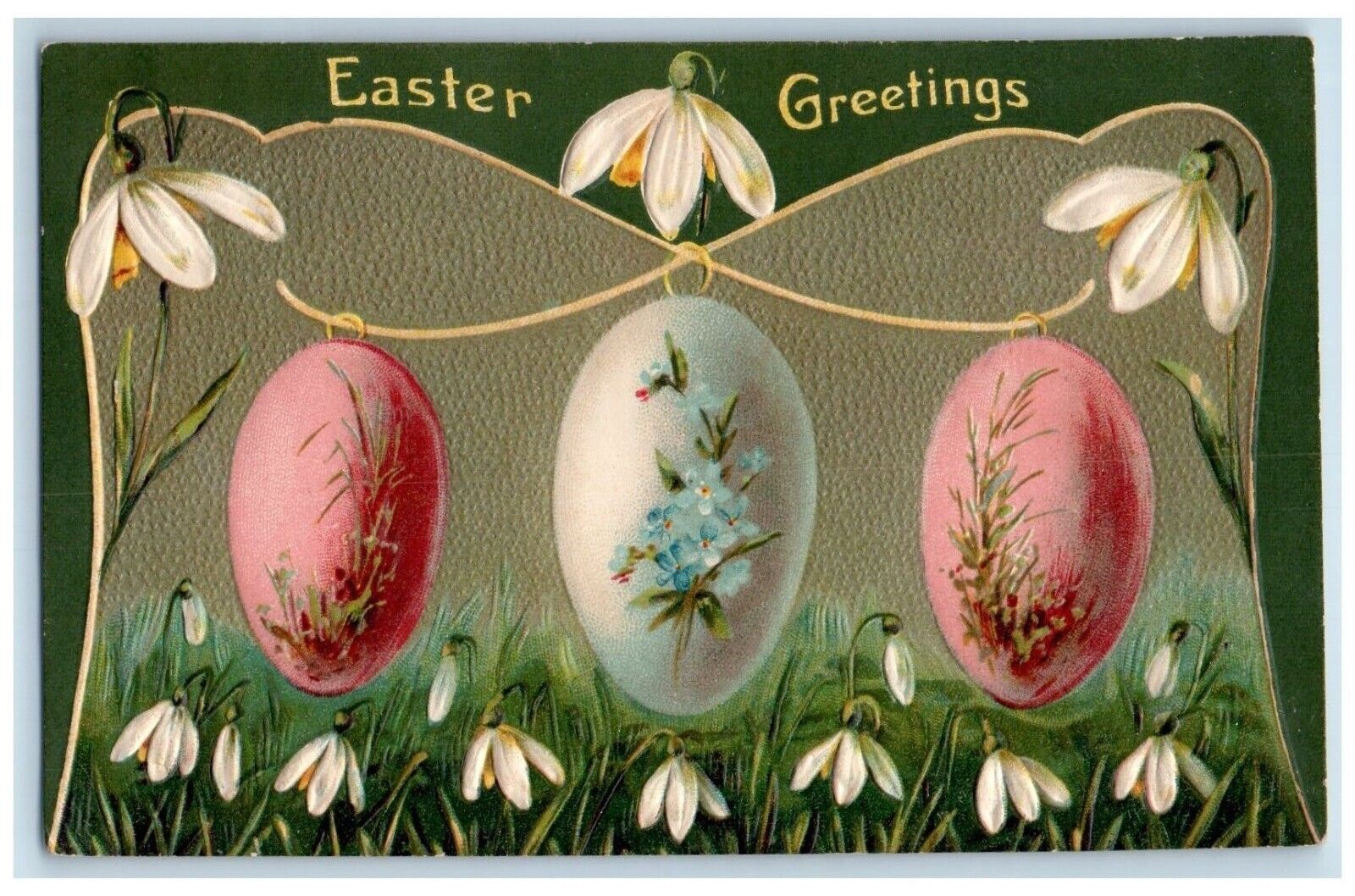 c1910\'s Easter Greetings Hanging Egg White Flowers Embossed Antique Postcard