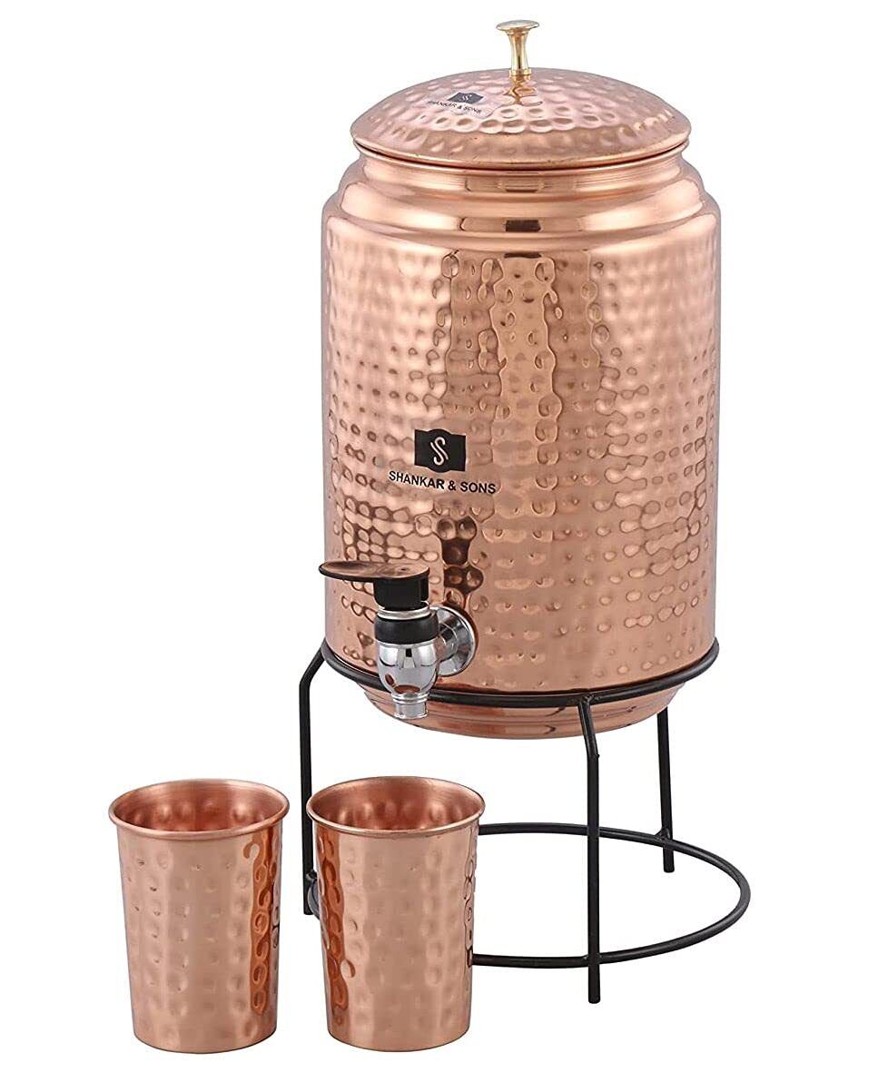 Copper Water Dispenser Matka Tank Pot 5 liter with 2 Glass and Iron Stand