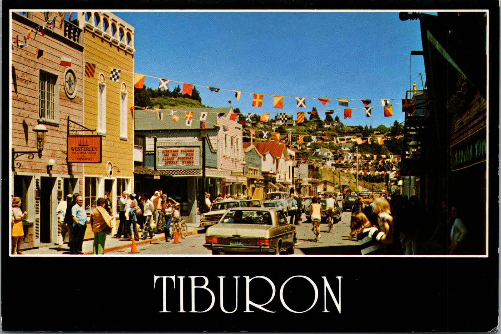 Tiburon CA c1970\'s Town St. Bicycles Movie Theater Way We Were Marquee Flags