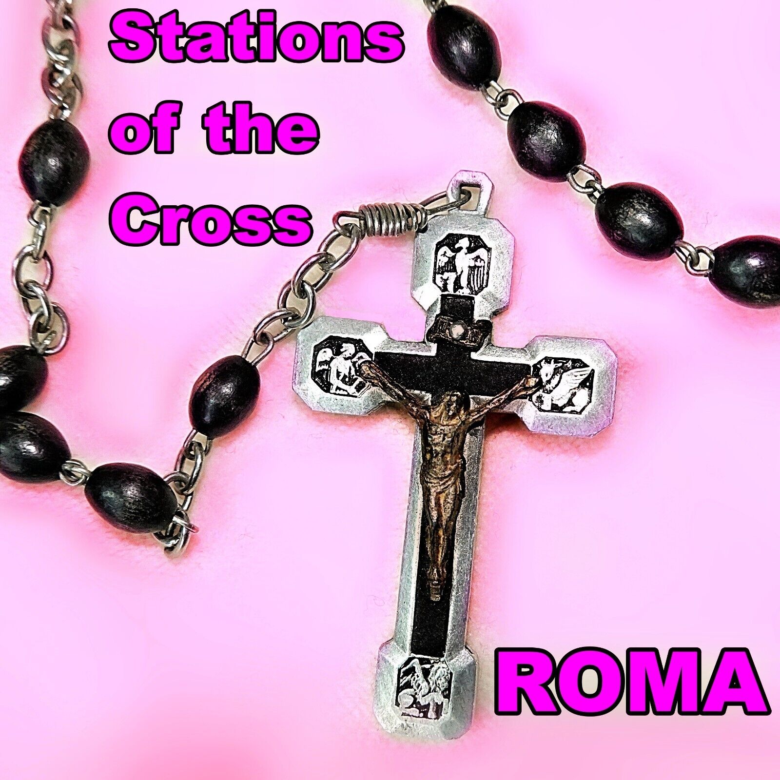 Vintage Italian Rosary Beads 50's  ROMA Catholic 22 1/2 inches Stations of Cross