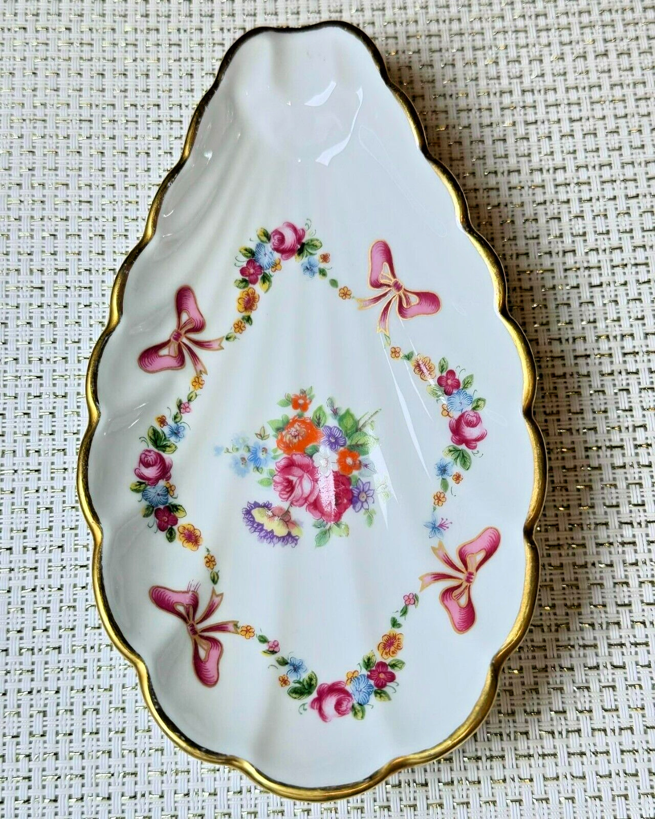 Vintage Francan Limoges Porcelain Shell Shape Dish Floral & Bows