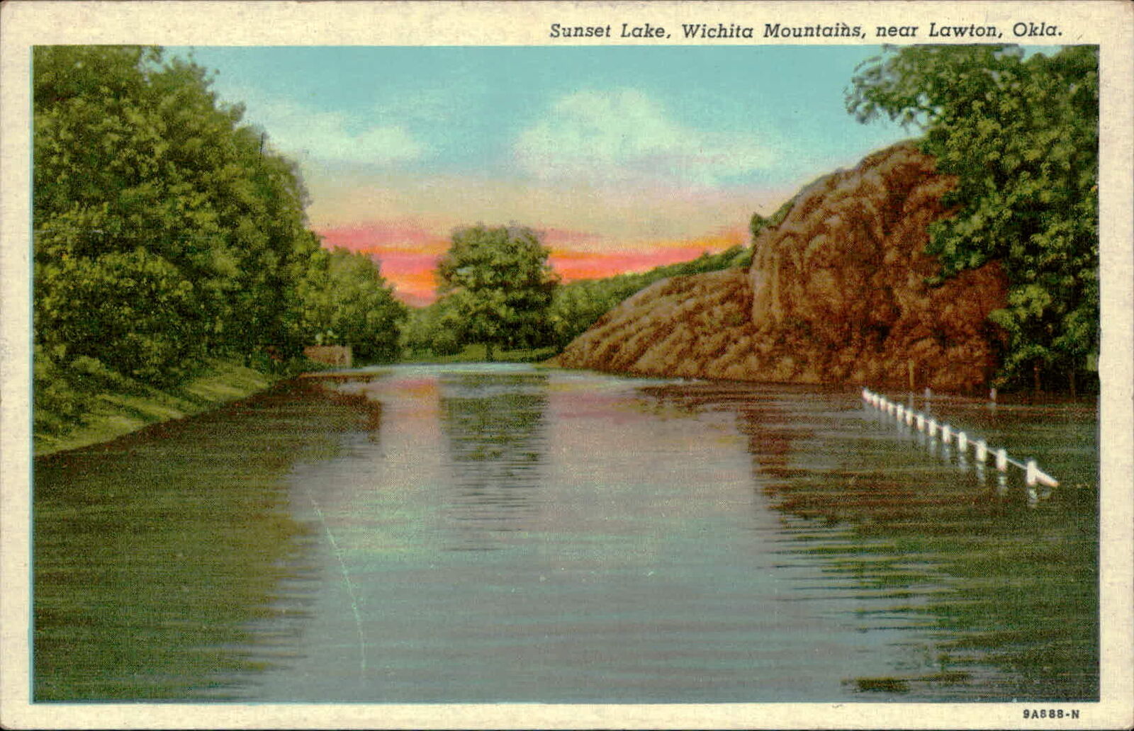 Postcard: Sunset Lake, Wichita Mountains, near Lawton, Okla.