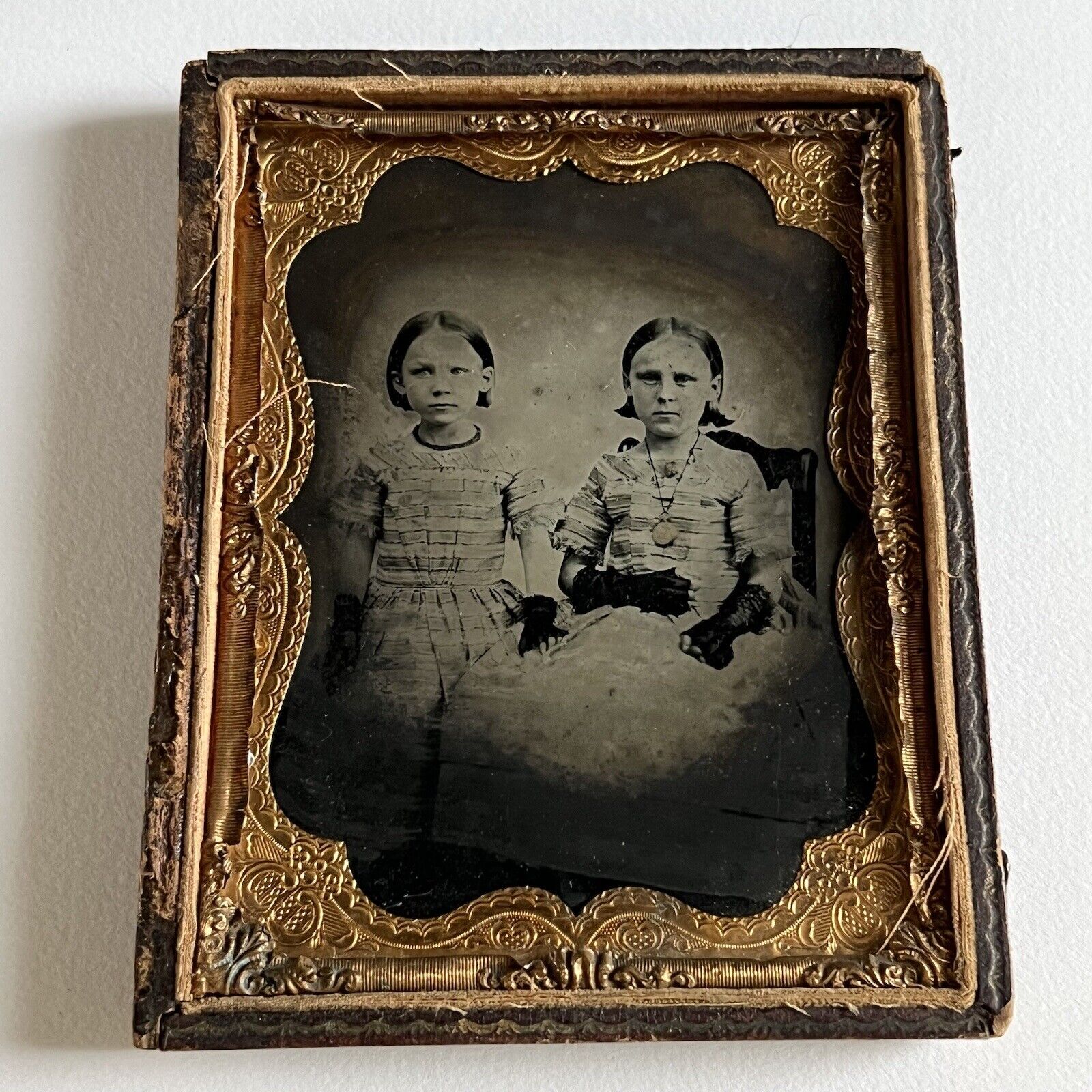 Antique Ambrotype Photograph Adorable Little Girls Sisters Spooky Distressed Odd