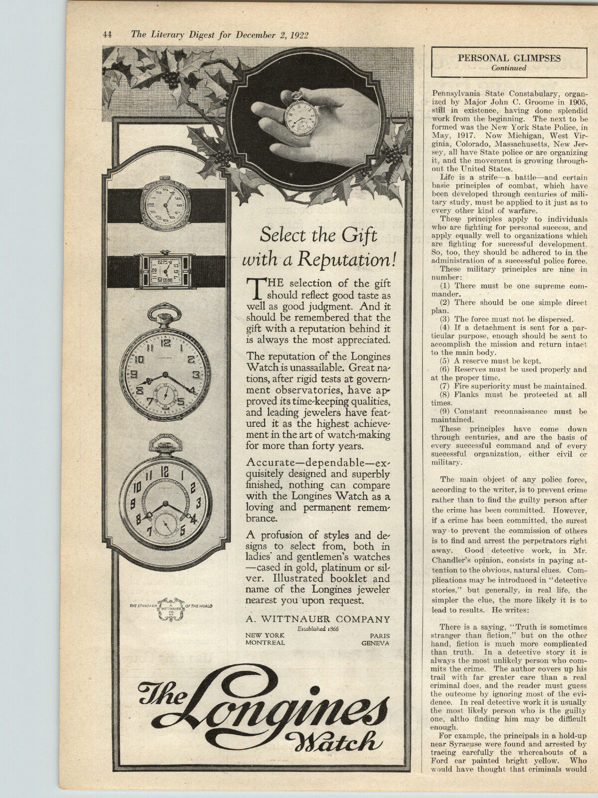 1922 Paper Ad The Longines Watch  A. Wittnauer Company NY Montreal Paris Geneva