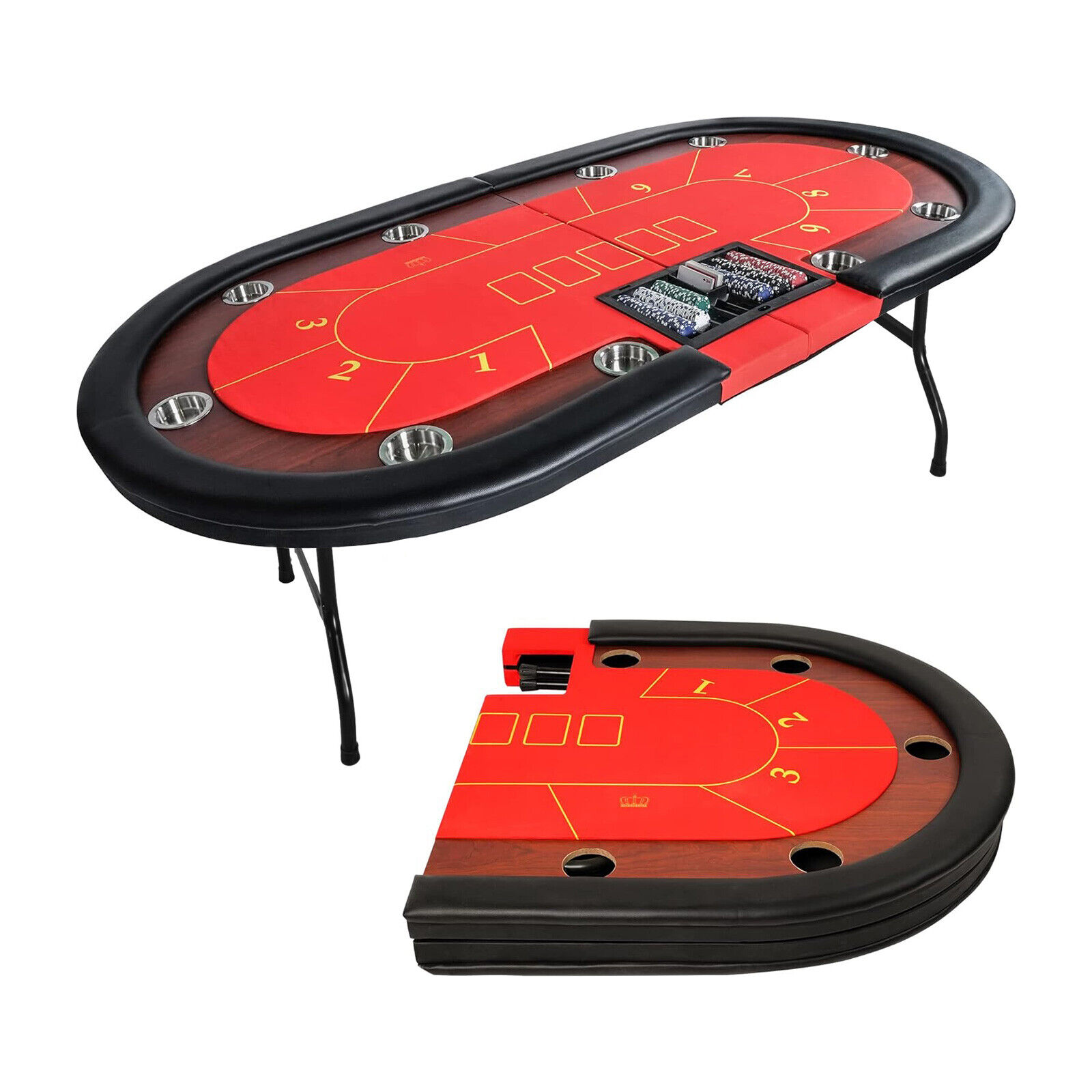 Foldable 10 Player Poker Table Casino Texas Holdem w/Metal Cup Holder Chips Tray