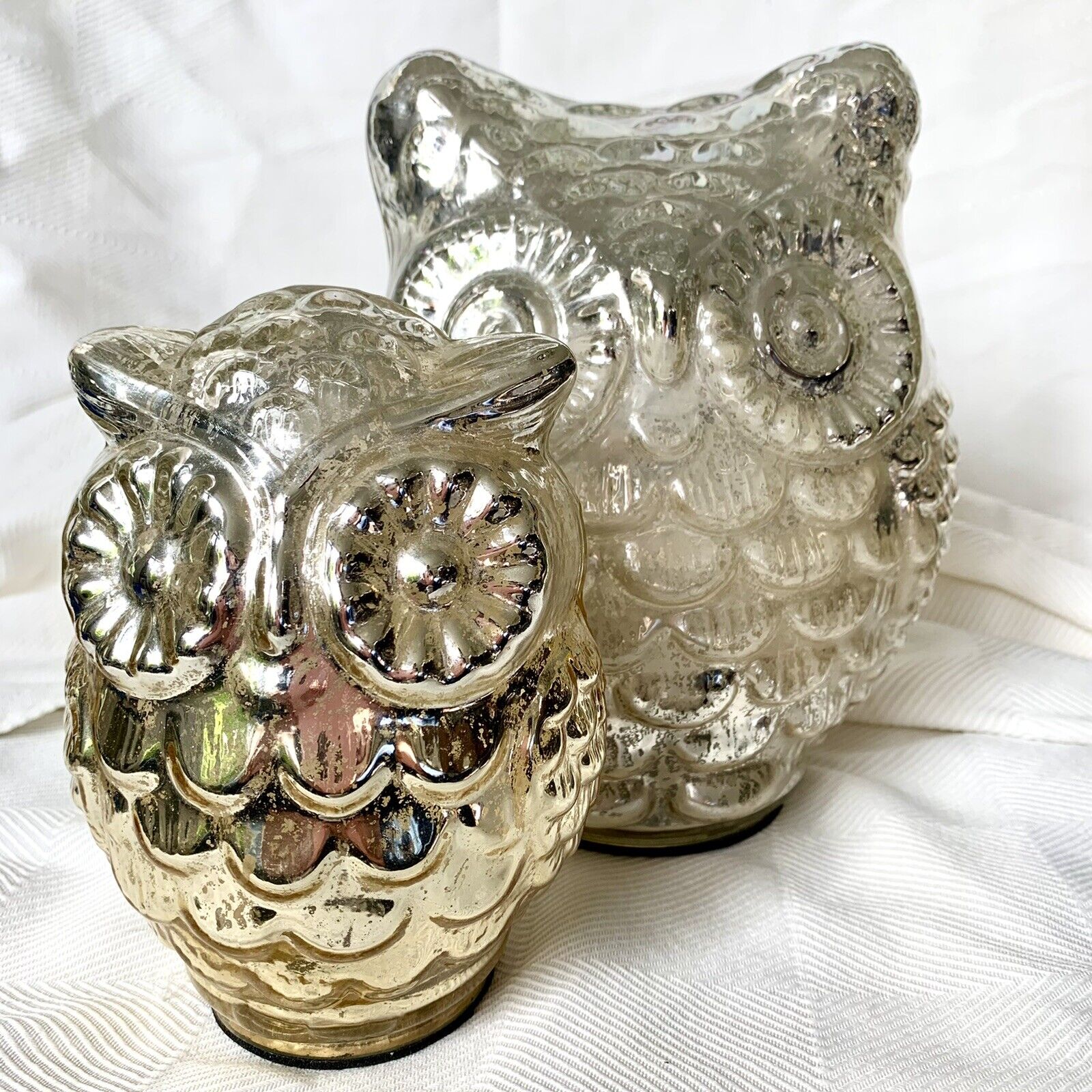 Silver Mercury Glass 2 OWLS  7” & 5.5”