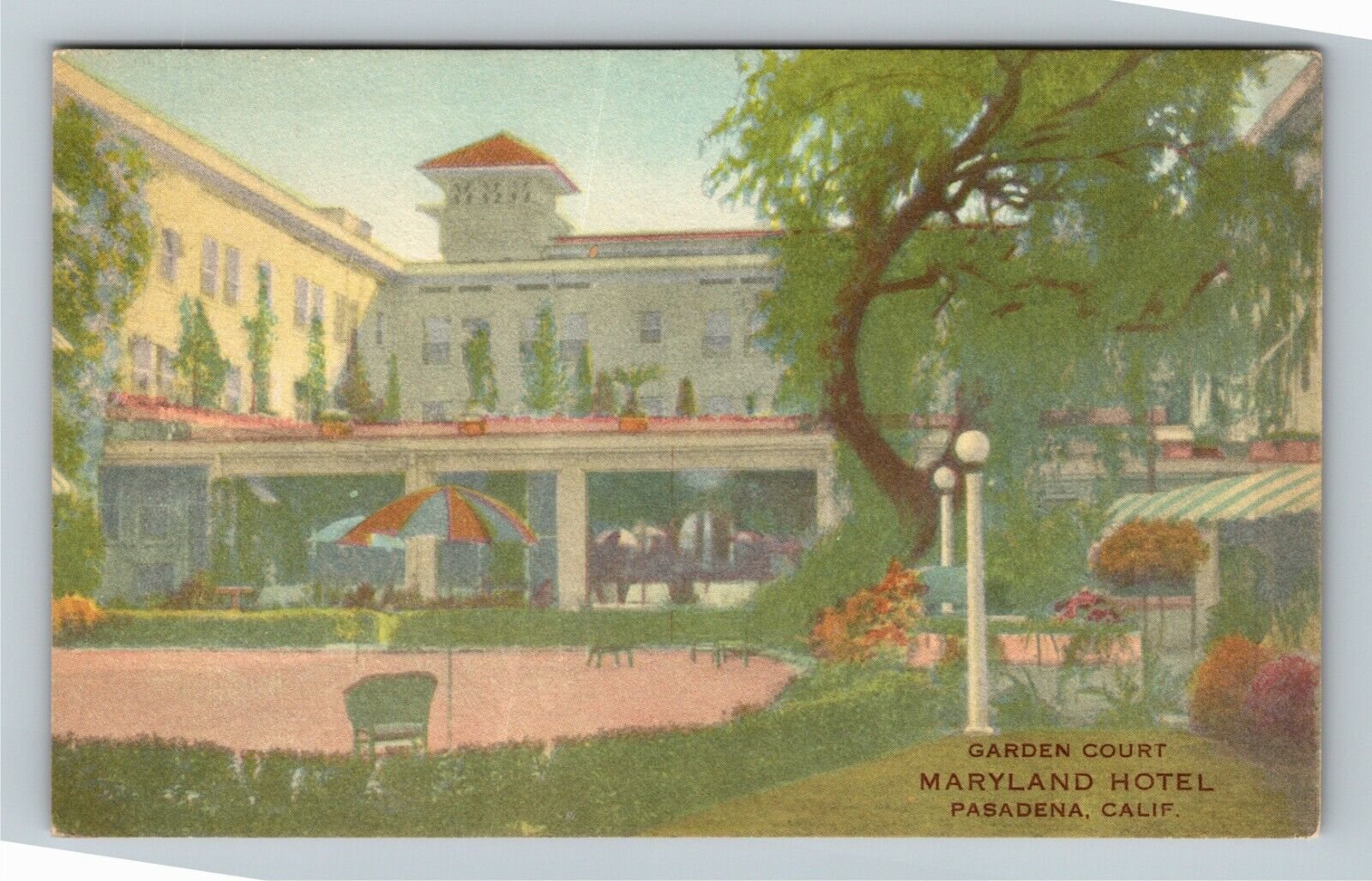 Pasadena CA-California, Maryland Hotel, Garden Court, Panorama Vintage Postcard