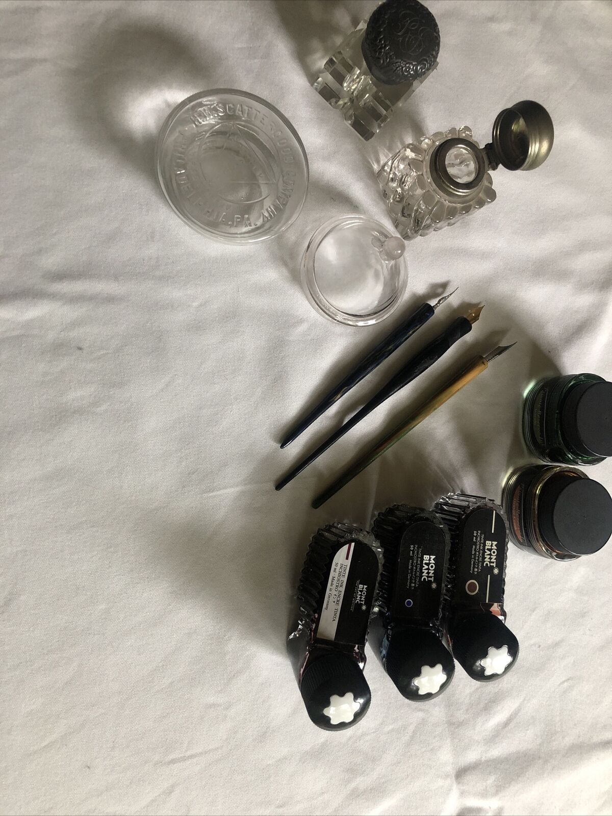 Antique Ink Wells With Pens And Mount Blanc Ink