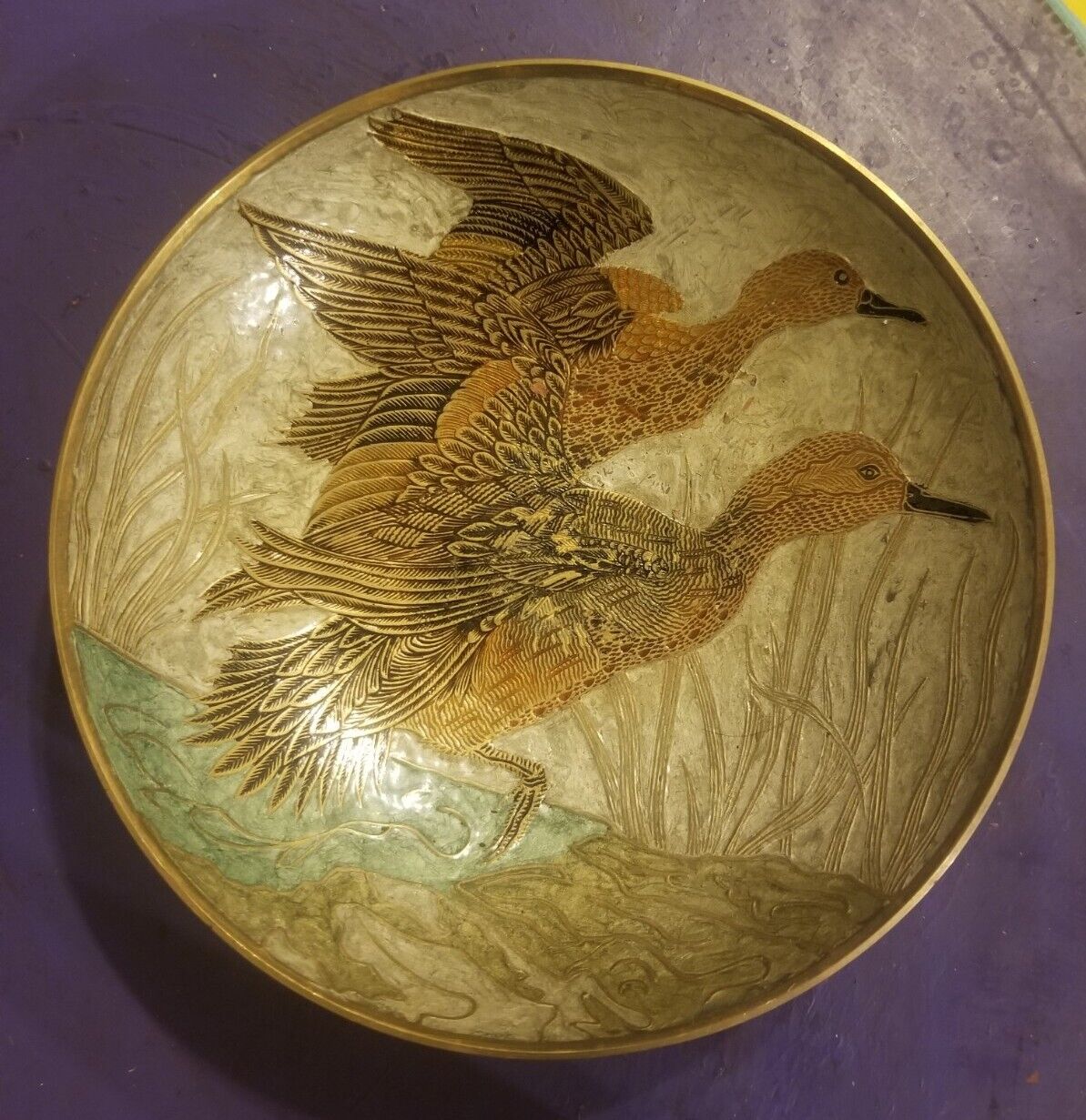 Vintage Penco Industries Duck Geese Enamel Brass Bowl Gold India