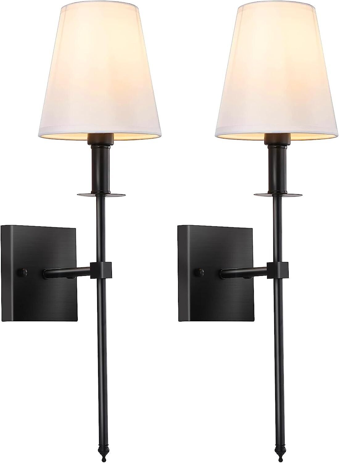Wall Sconces Set of Two Black,2 Hardwired Wall Lights with White Fabric Shades