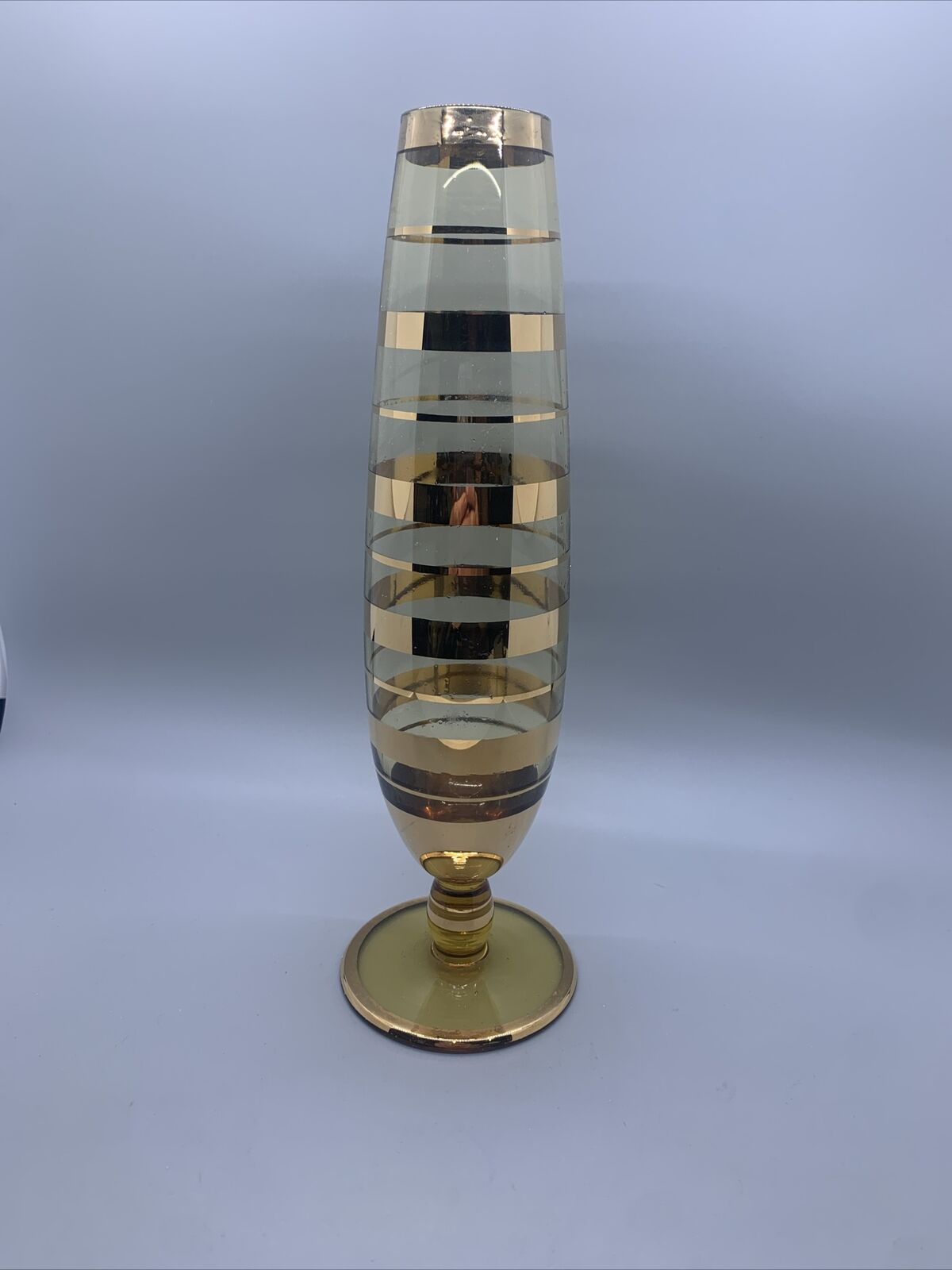 Vintage Borske Sklo Gold Banded Amber Hue Glass Mid-Century Bud Vase