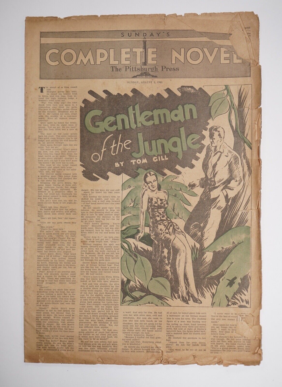 1941 The Pittsburgh Press Sunday’s Novel “Gentleman of the Jungle” (17”x12”)