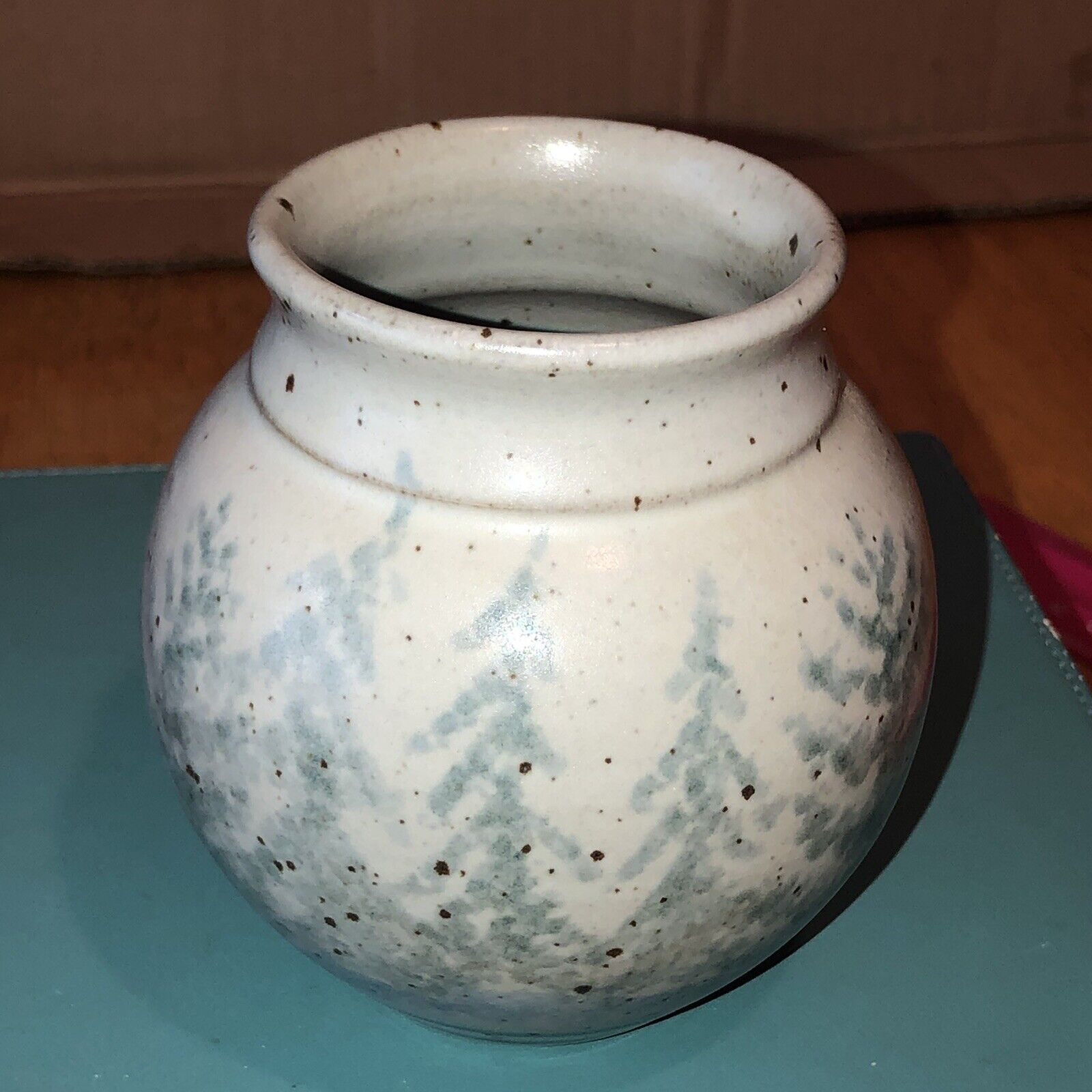Vintage Adorable Small Artisan Pottery Vase With Pine Trees ￼signed