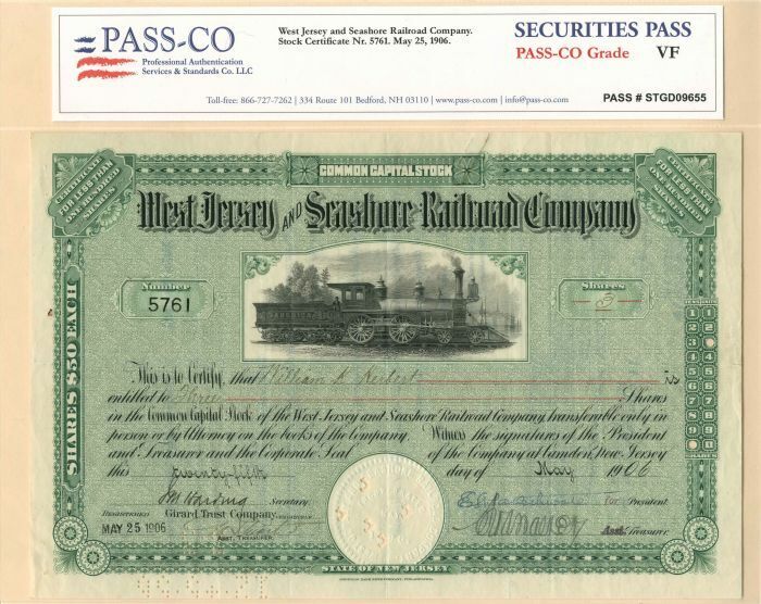 West Jersey and Seashore Railroad Co. - Stock Certificate - Railroad Stocks