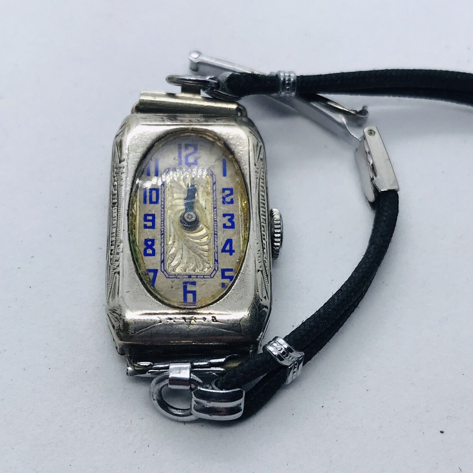 ANTIQUE WHITE GOLD FILLED WRISTWATCH 10 KT. MARKED BLUE DIAL FOR REPAIR